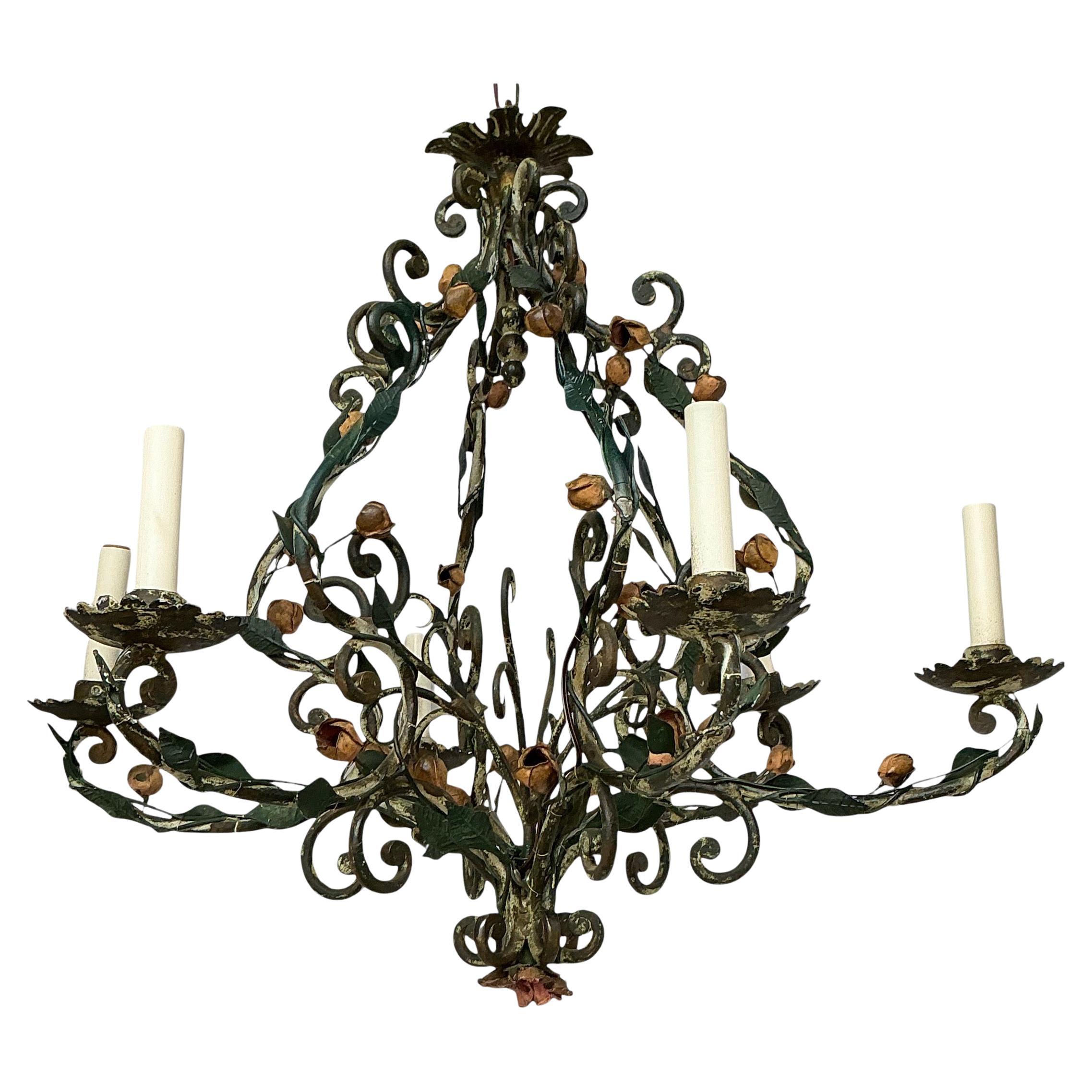 Early French Victorian Iron Tole Six Arm Chandelier - Garden Roses & Leaves In Good Condition For Sale In Kennesaw, GA