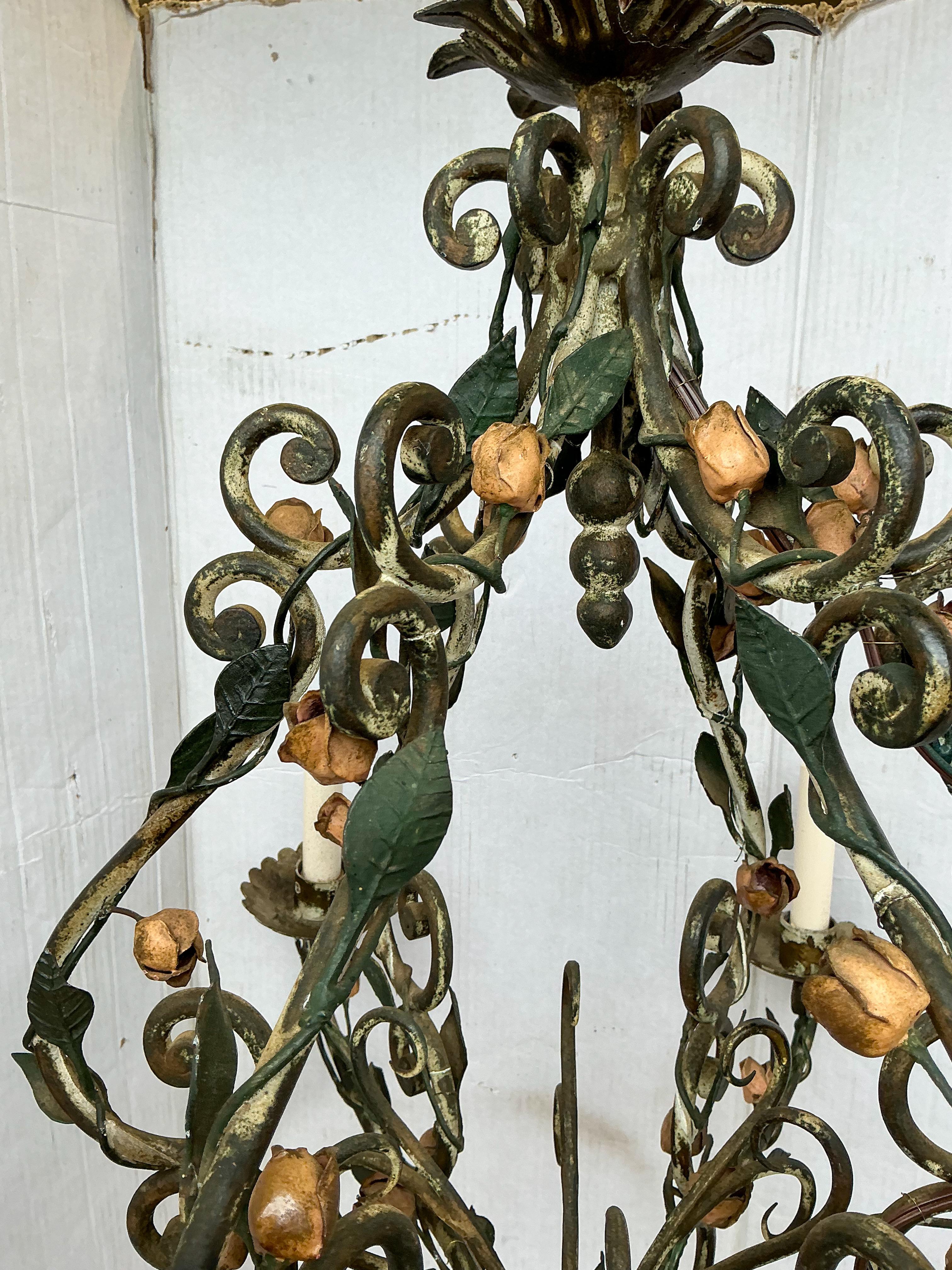 20th Century Early French Victorian Iron Tole Six Arm Chandelier - Garden Roses & Leaves For Sale