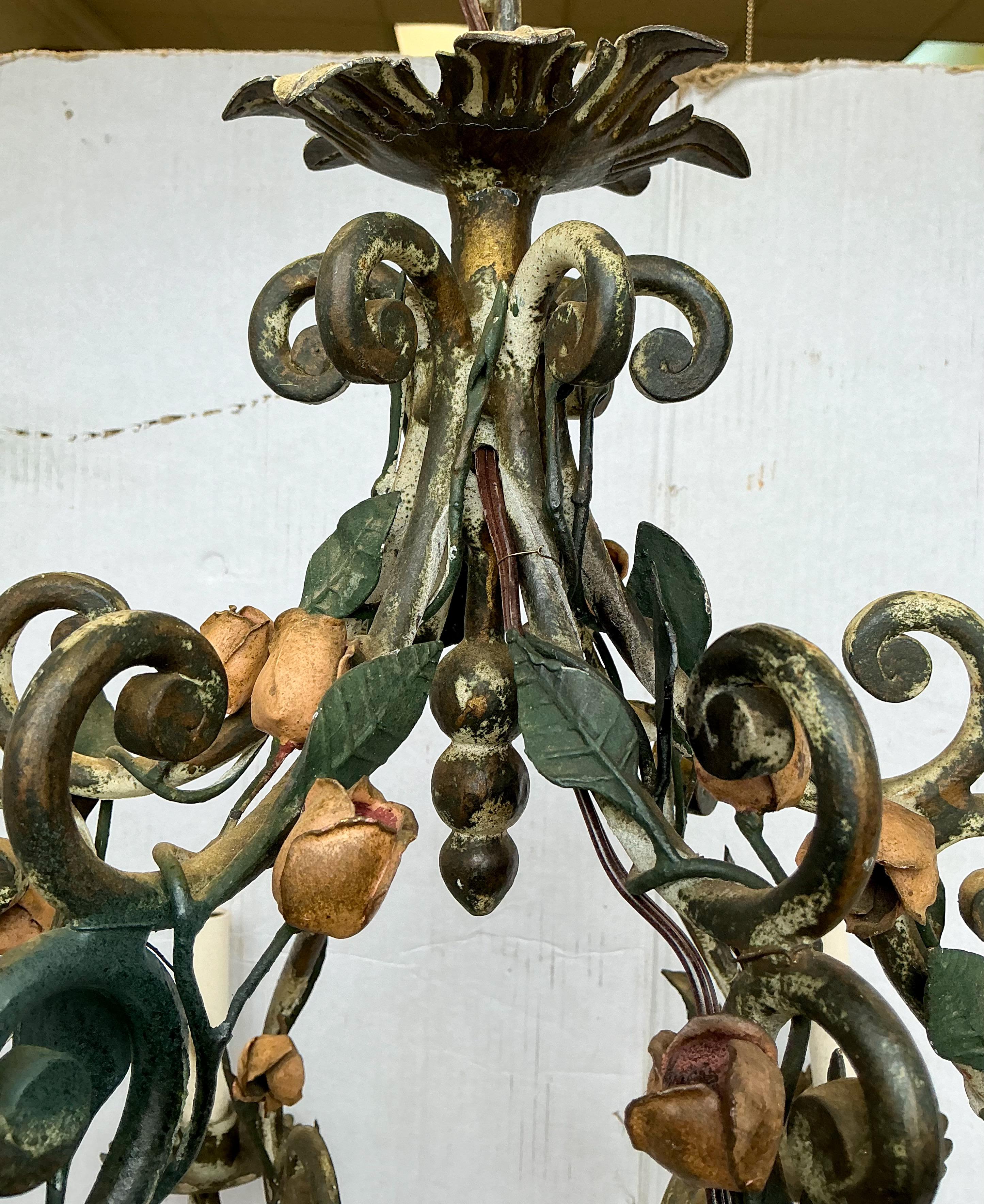 Early French Victorian Iron Tole Six Arm Chandelier - Garden Roses & Leaves For Sale 2