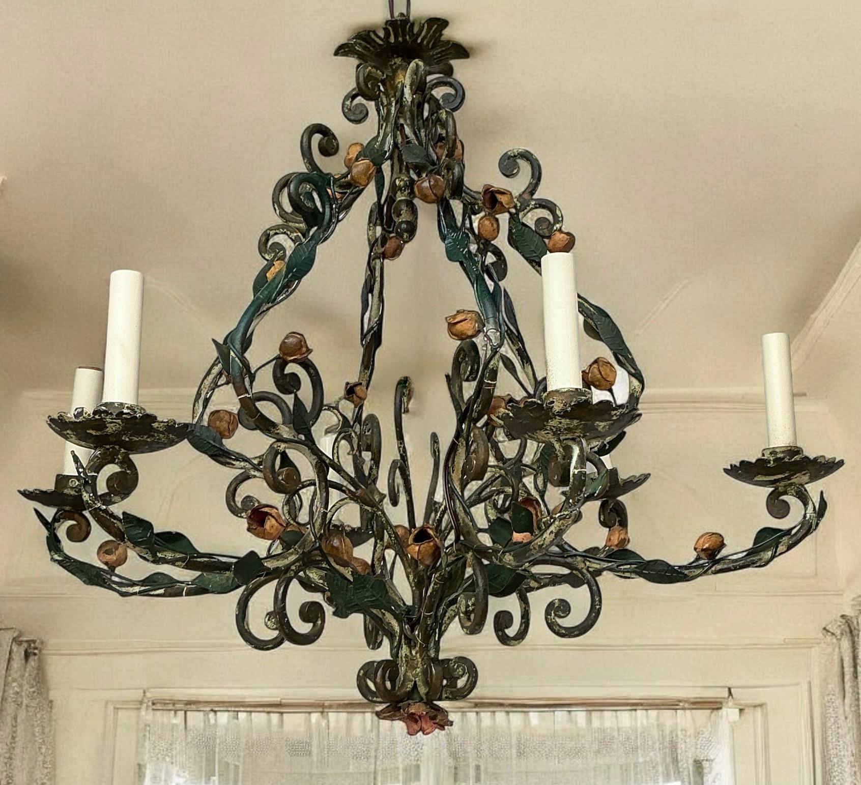 Early French Victorian Iron Tole Six Arm Chandelier - Garden Roses & Leaves For Sale 4