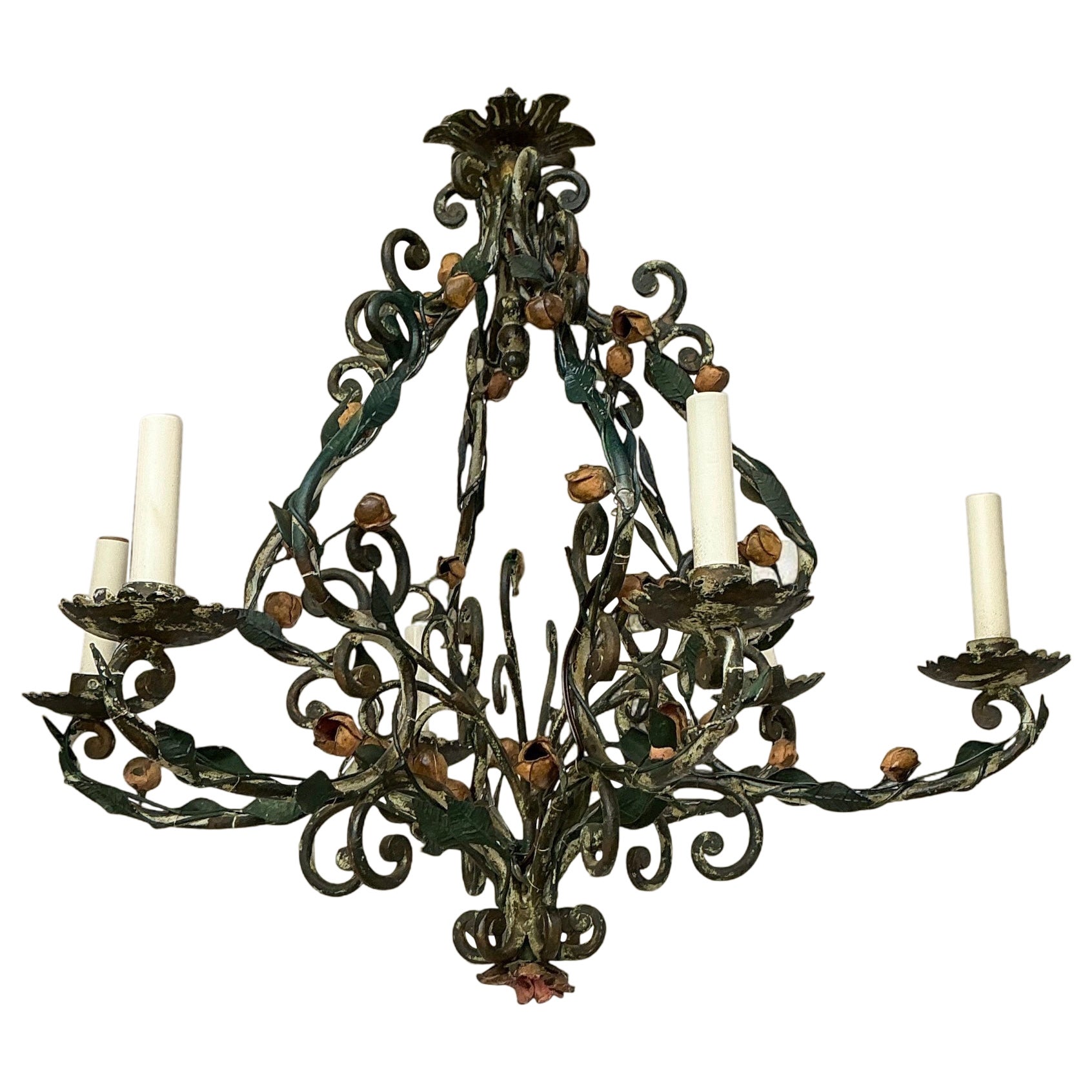 Lustre à six bras de lumière en tole de fer de l'époque victorienne - Garden Roses & Leaves