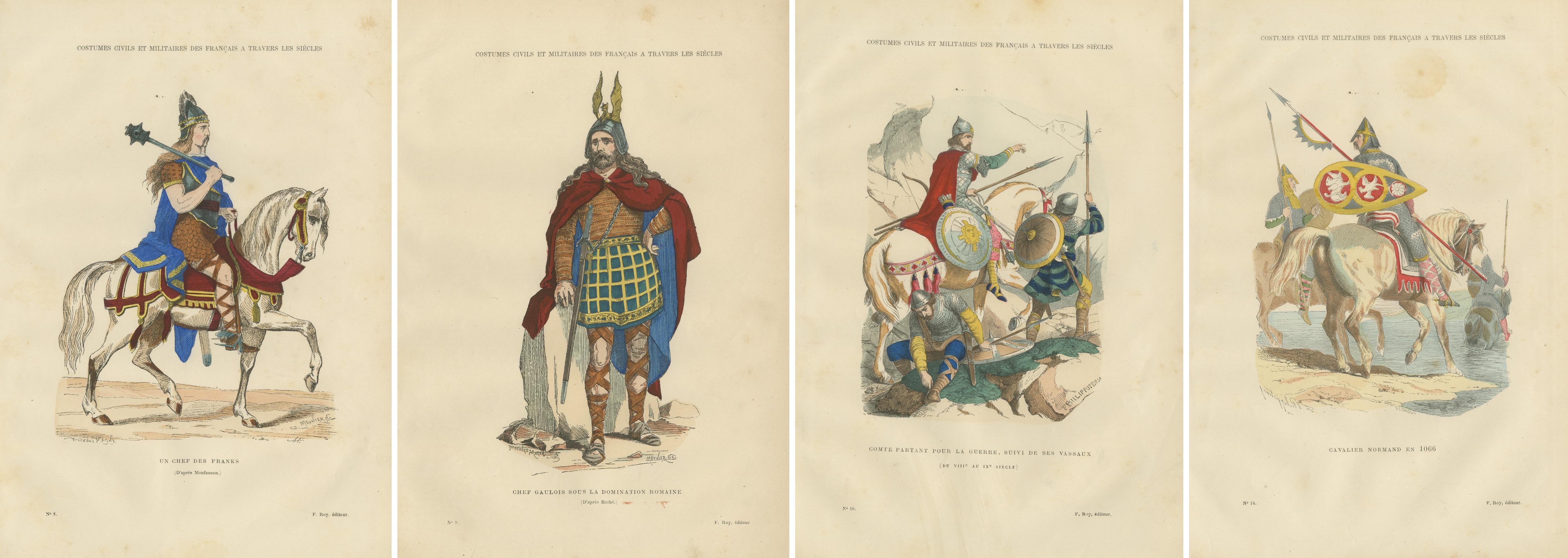 Early French Warriors and Nobility, Gaulish to Norman Cavalry, 4-Plate Set, 1860