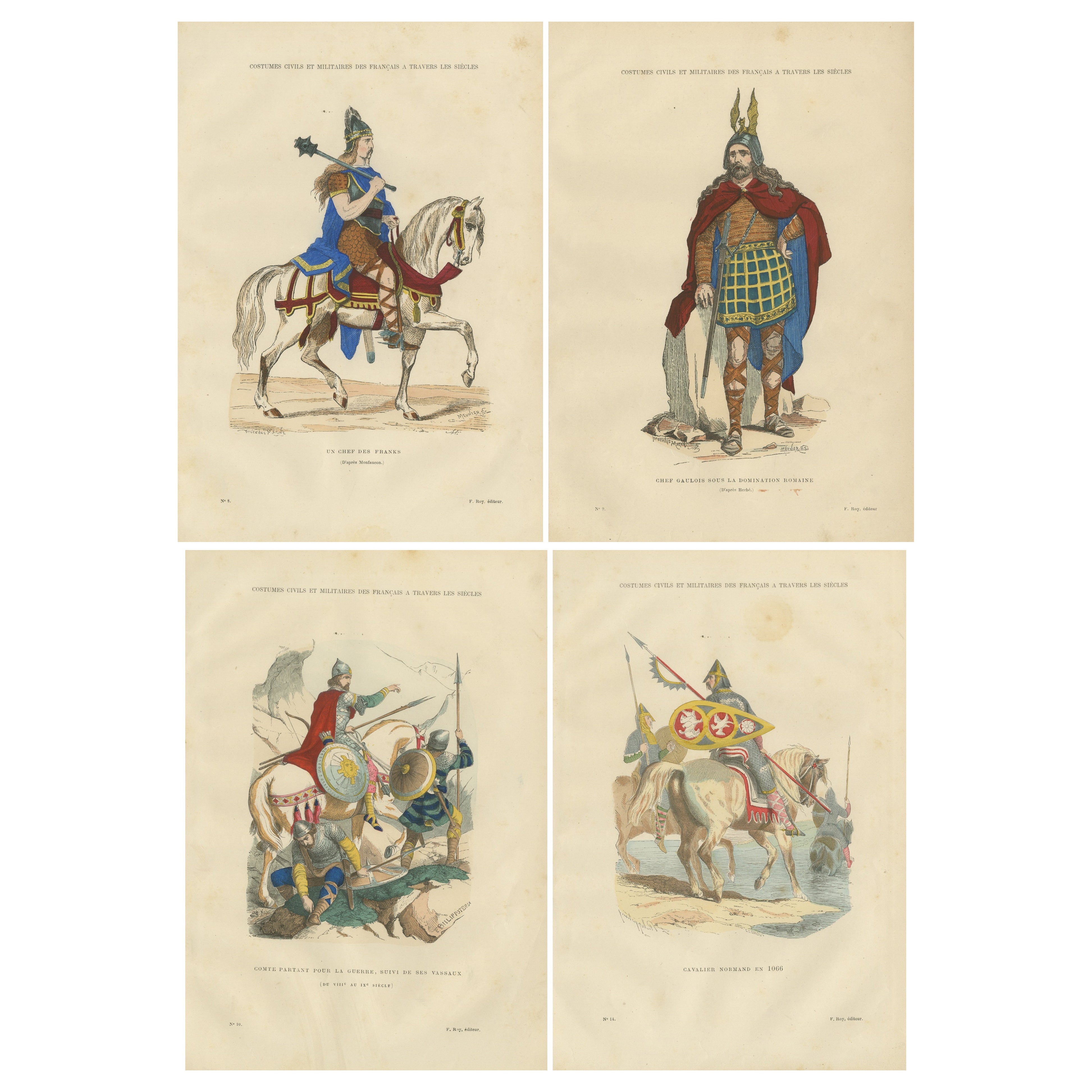 Guerrieri e nobiltà della Francia antica, cavalleria dalla Gallia alla Normanna, set di 4 piatti, 1860