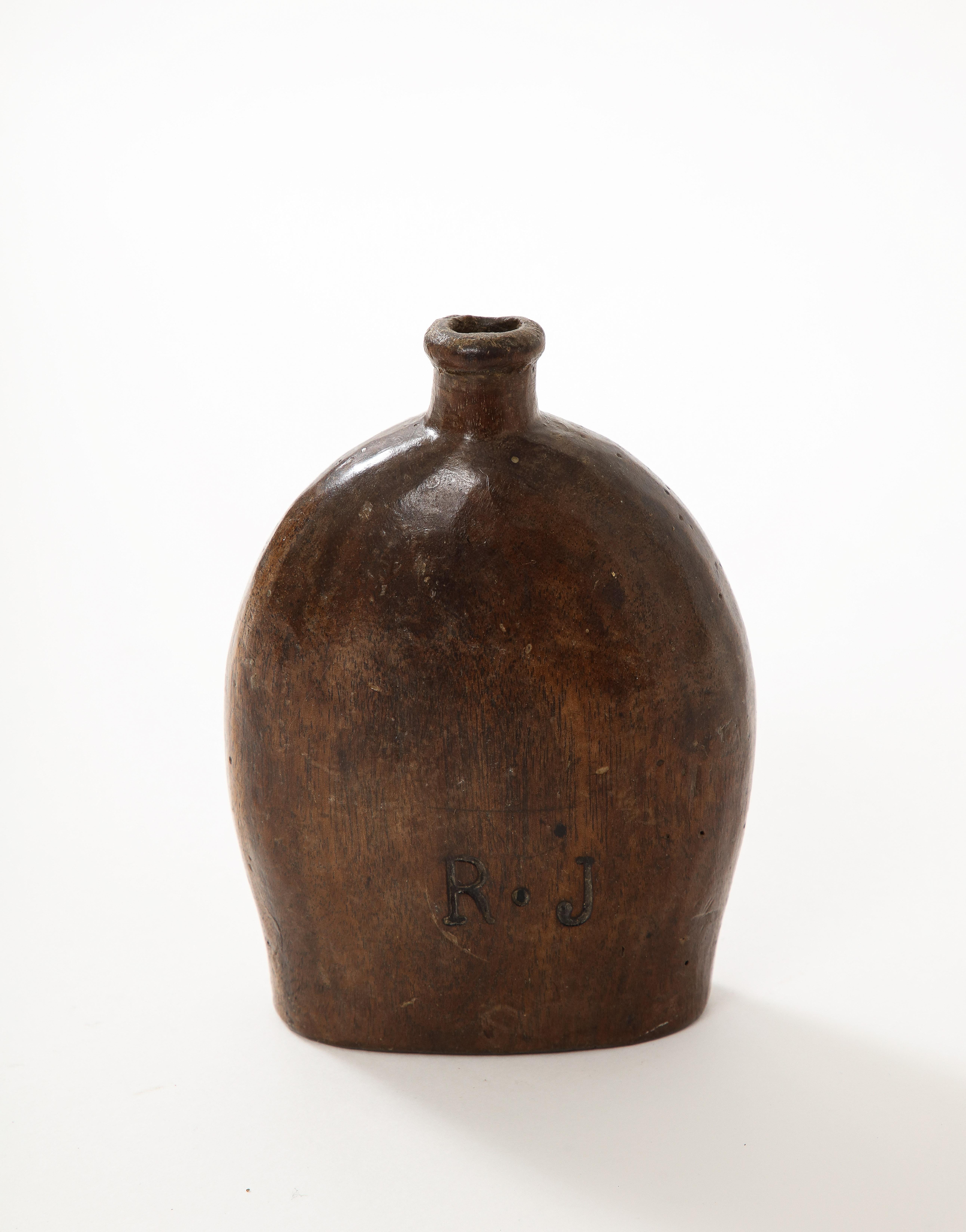 Early French Wooden Flask, France, c. 1750, Initials Carved on Side For Sale 4
