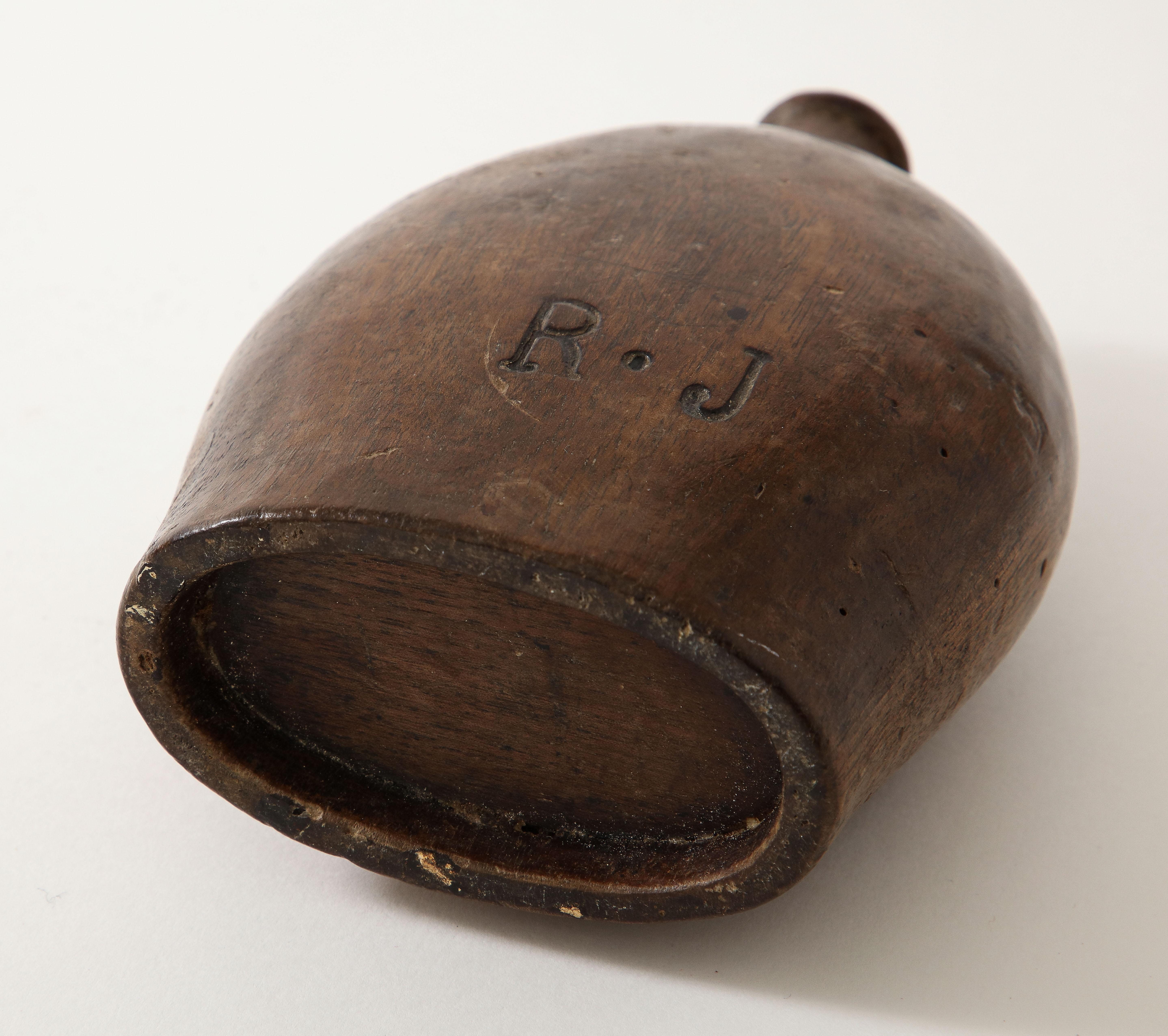 Early French Wooden Flask, France, c. 1750, Initials Carved on Side For Sale 8
