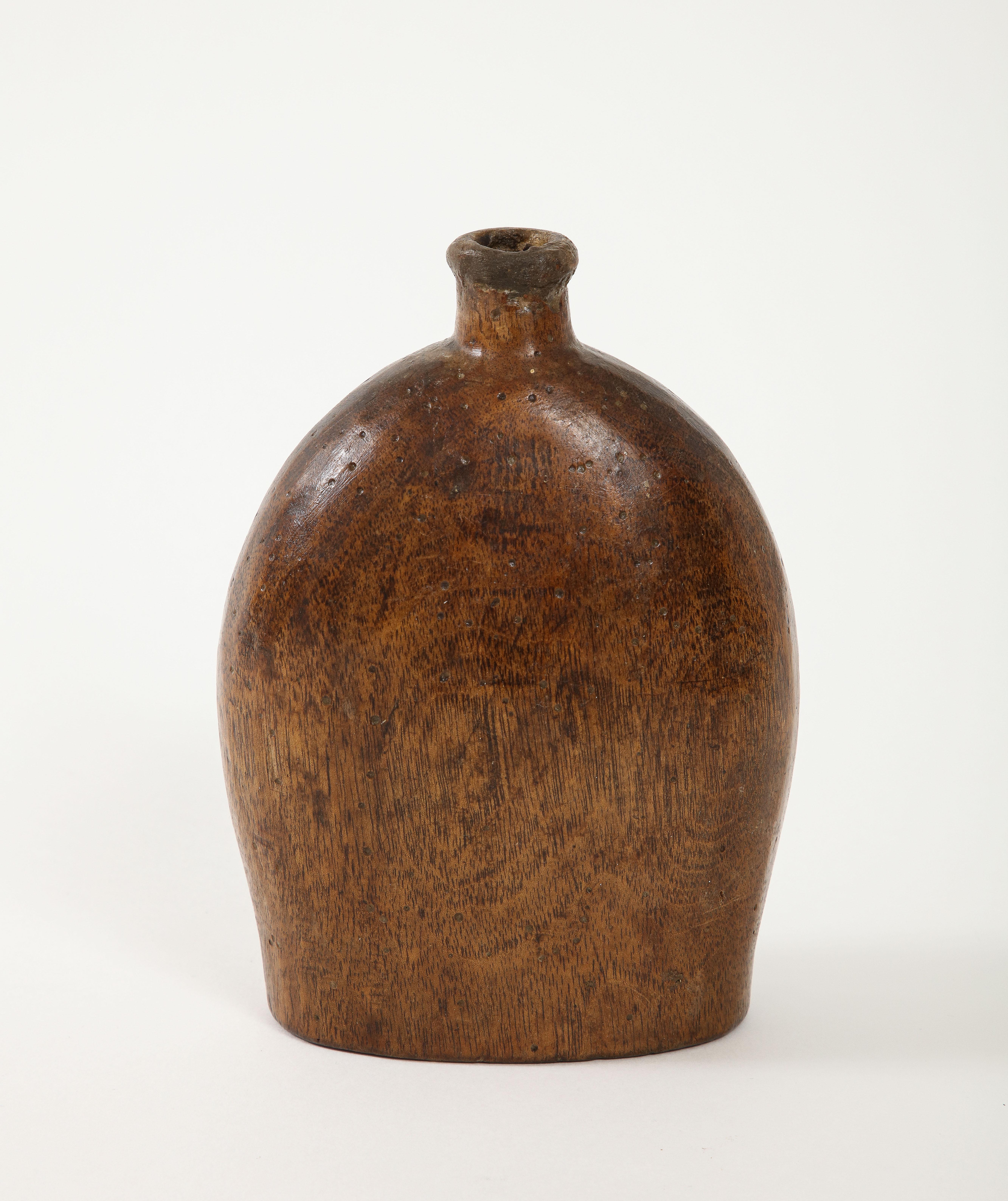 French 17th/18th C. Wooden flask, carved with initials.