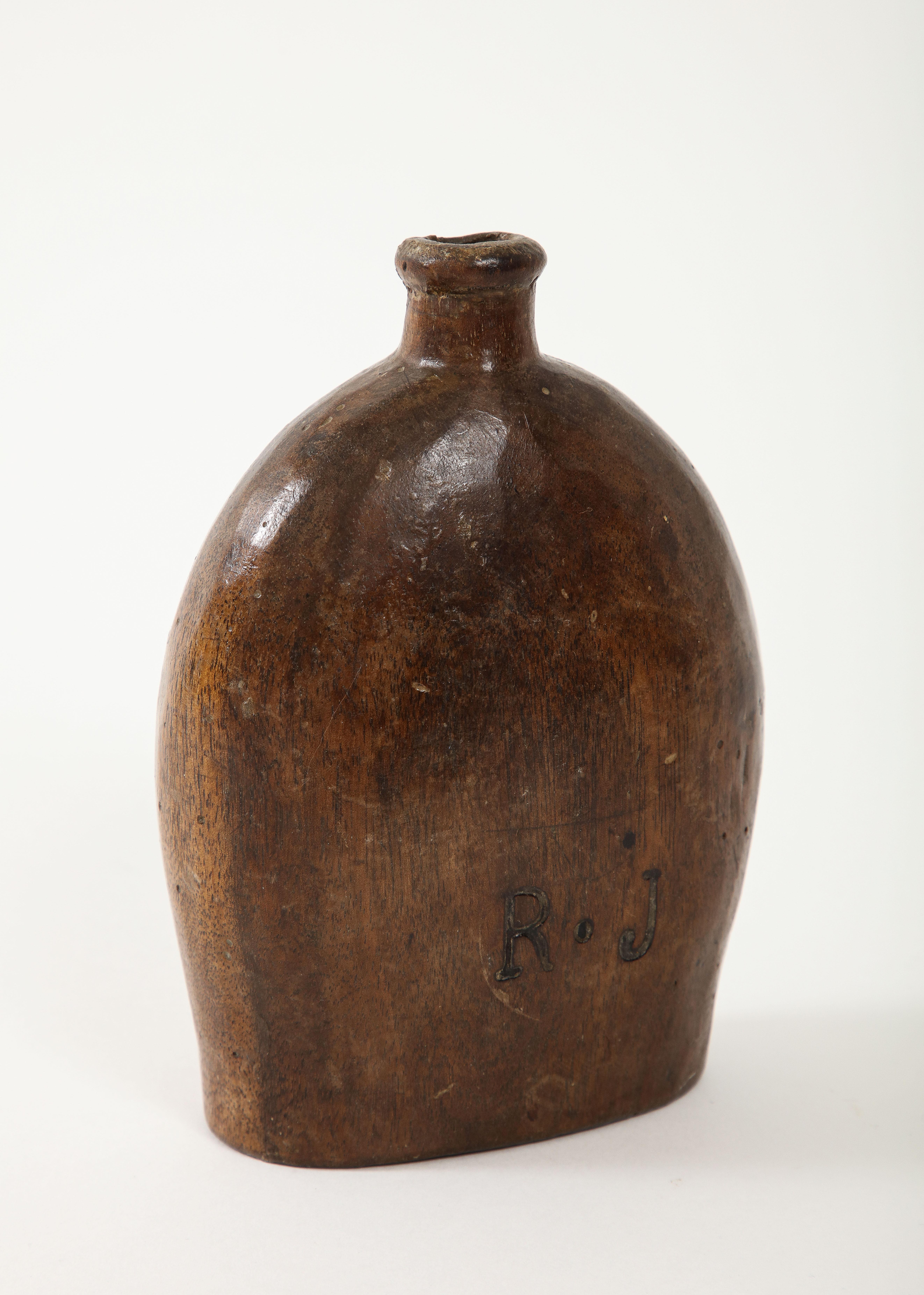 18th Century and Earlier Early French Wooden Flask, France, c. 1750, Initials Carved on Side For Sale