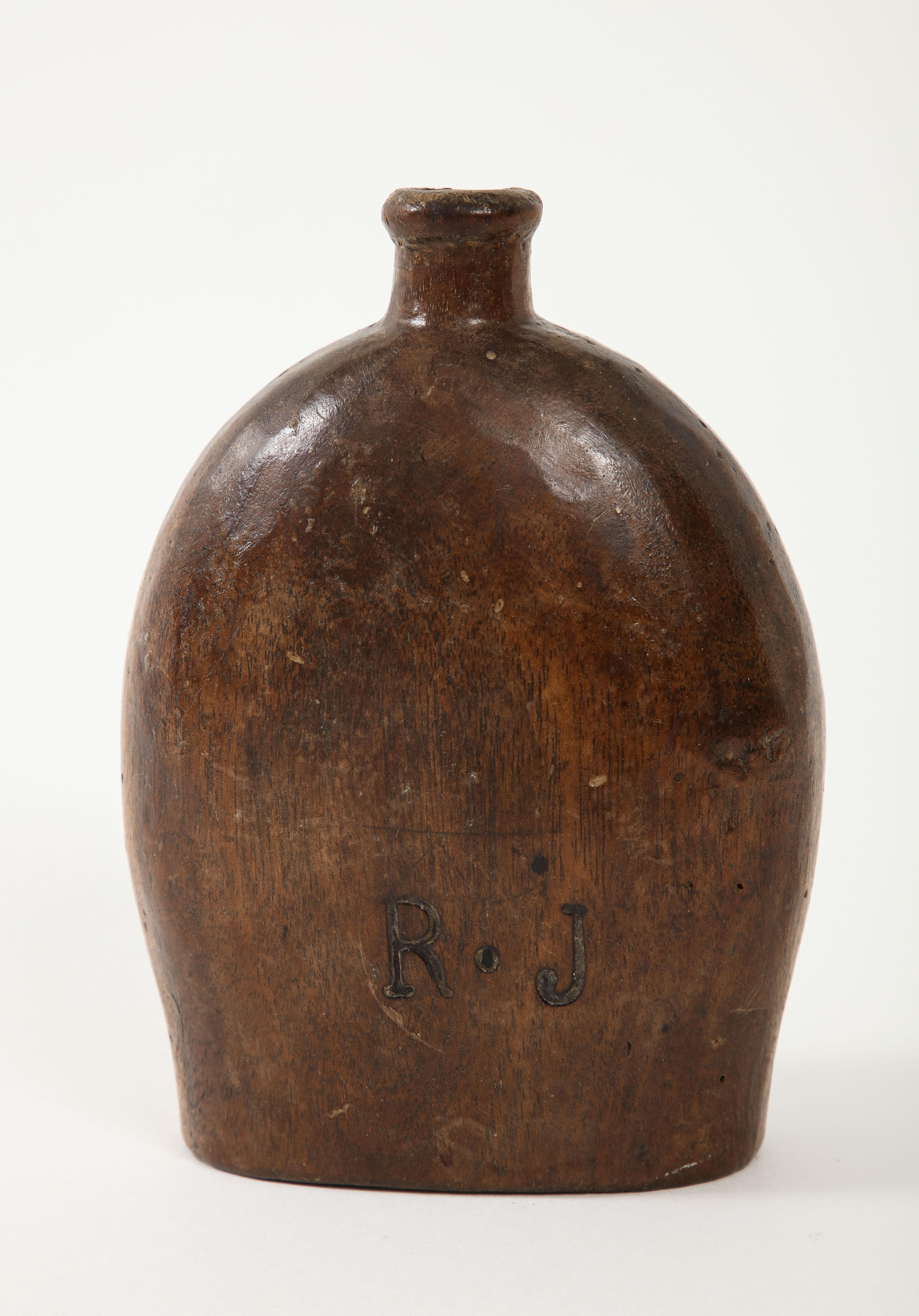 Oak Early French Wooden Flask, France, c. 1750, Initials Carved on Side For Sale