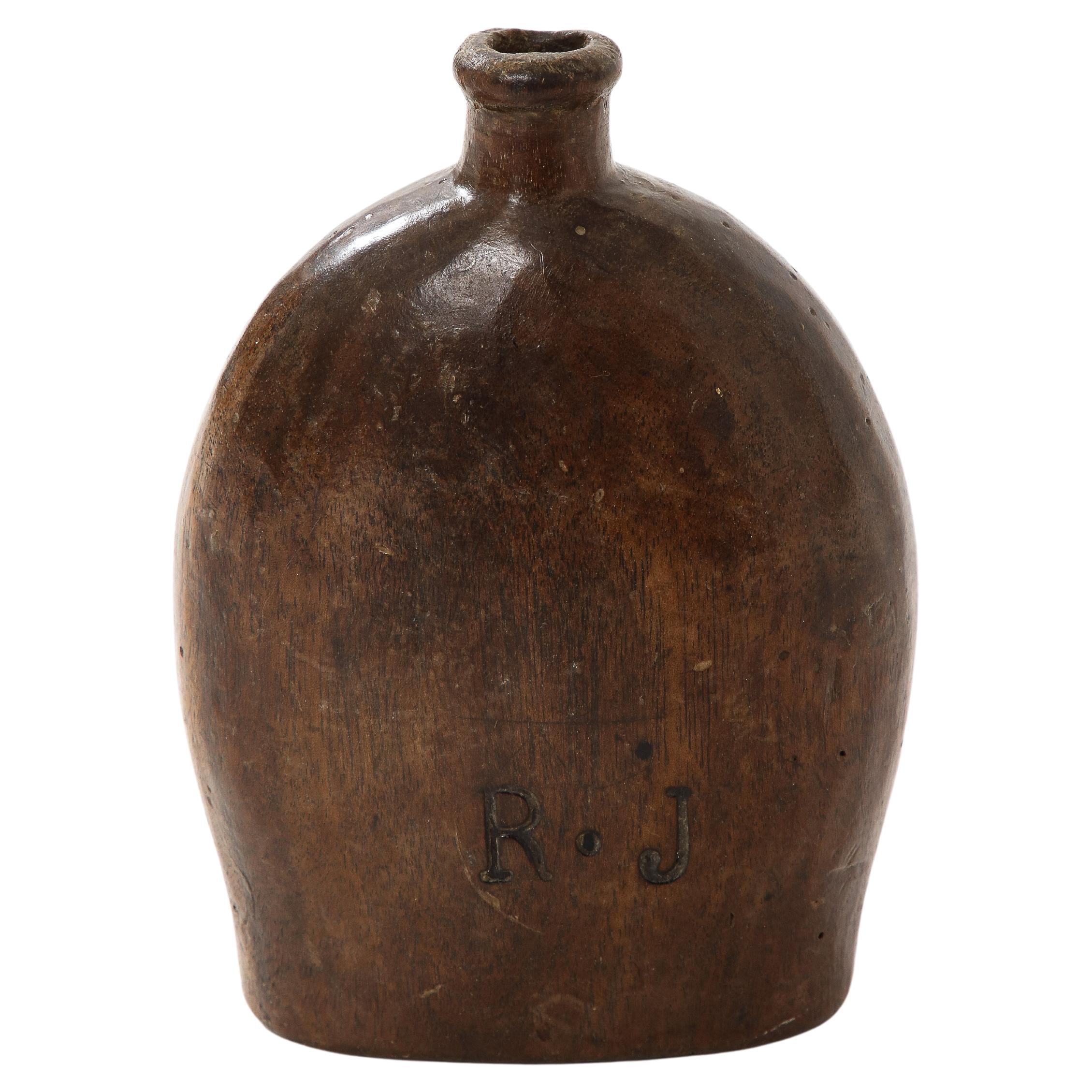 Early French Wooden Flask, France, c. 1750, Initials Carved on Side For Sale