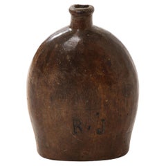 Early French Wooden Flask, France, c. 1750, Initials Carved on Side