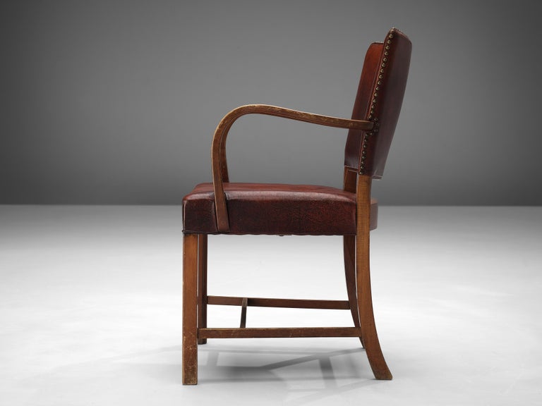 Danish Early Fritz Hansen Armchair in Original Patinated Leather For Sale