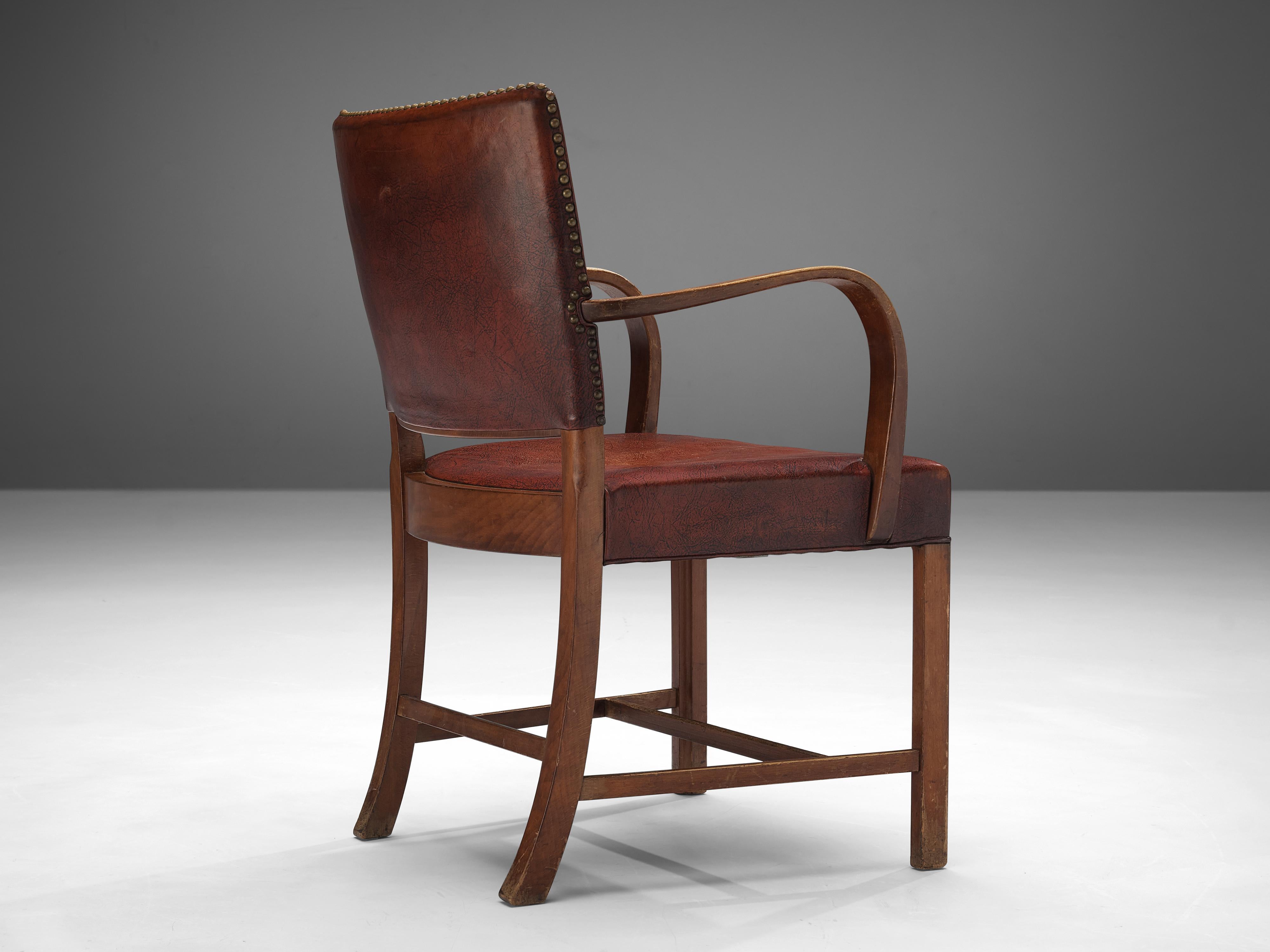 Mid-20th Century Early Fritz Hansen Armchair in Original Patinated Leather
