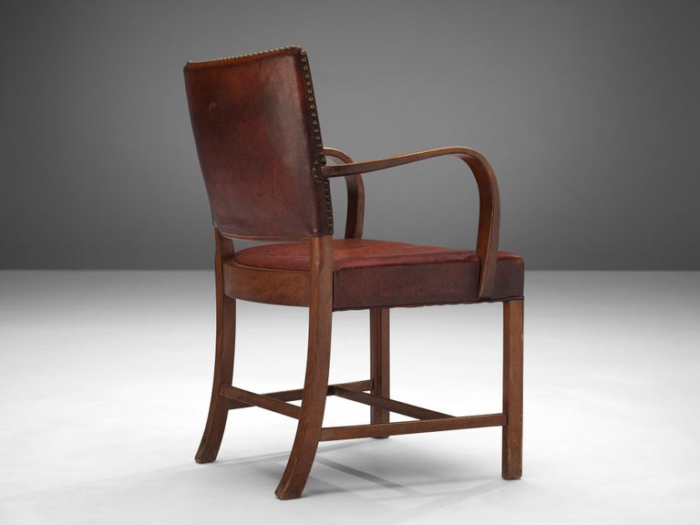 Mid-20th Century Early Fritz Hansen Armchair in Original Patinated Leather For Sale