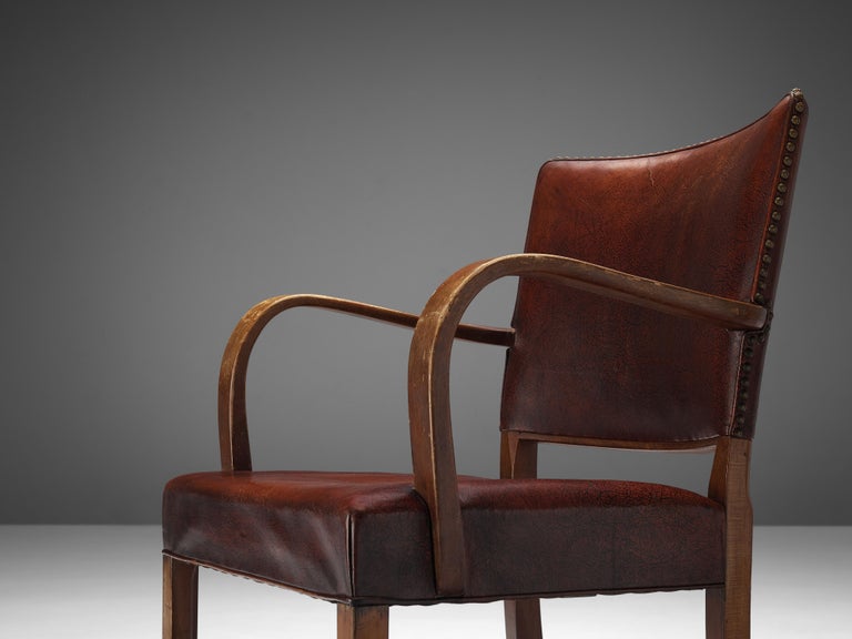 Brass Early Fritz Hansen Armchair in Original Patinated Leather For Sale