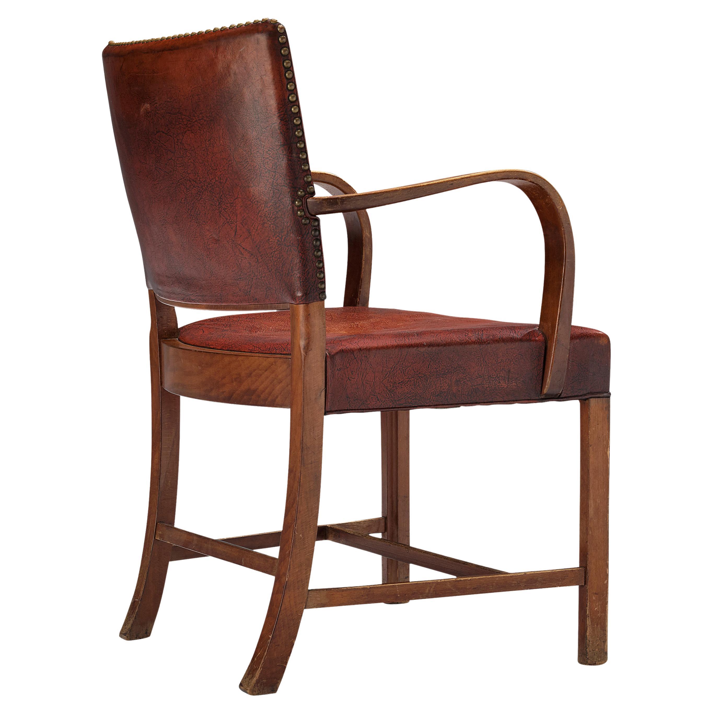 Early Fritz Hansen Armchair in Original Patinated Leather