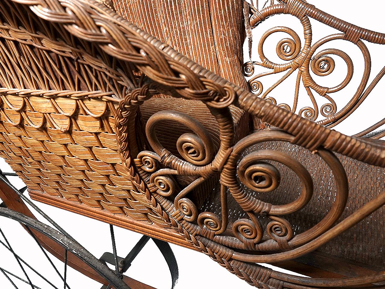 19th Century Early Full Size Victorian Wicker Baby Carriage With Parasol