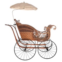 Early Full Size Victorian Wicker Baby Carriage With Parasol