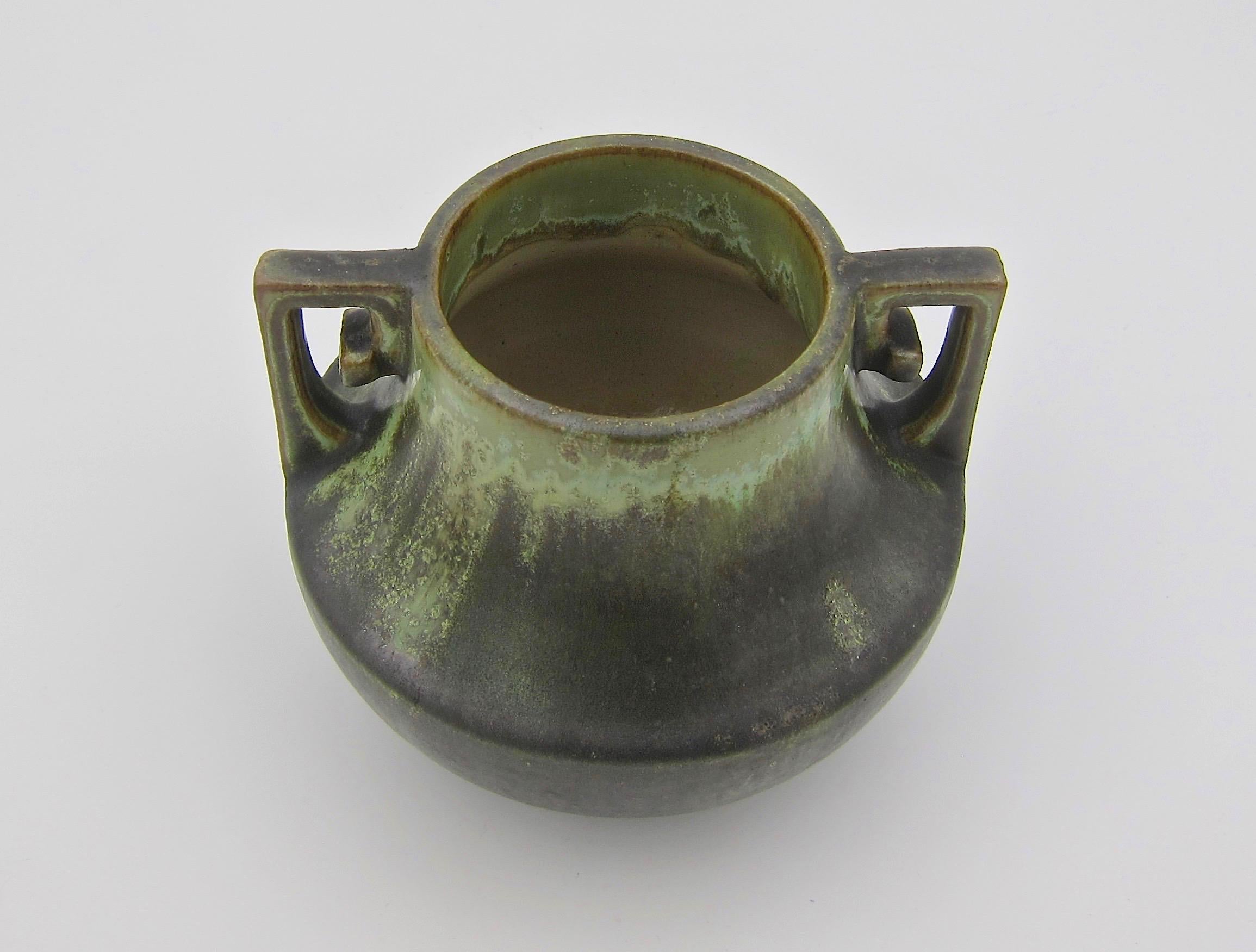 20th Century Early Fulper Pottery Vase with a Matte Leopard Skin Glaze and Scrolled Handles