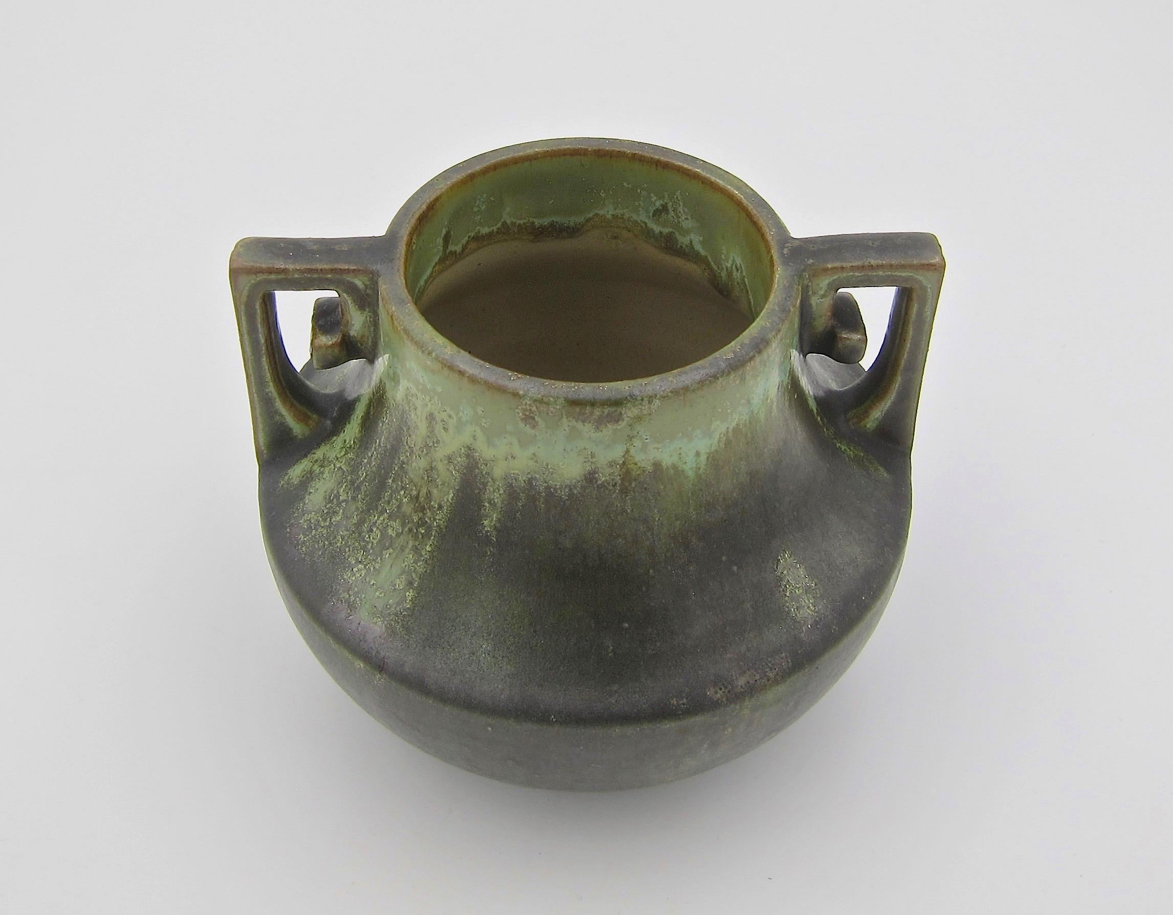 Ceramic Early Fulper Pottery Vase with a Matte Leopard Skin Glaze and Scrolled Handles