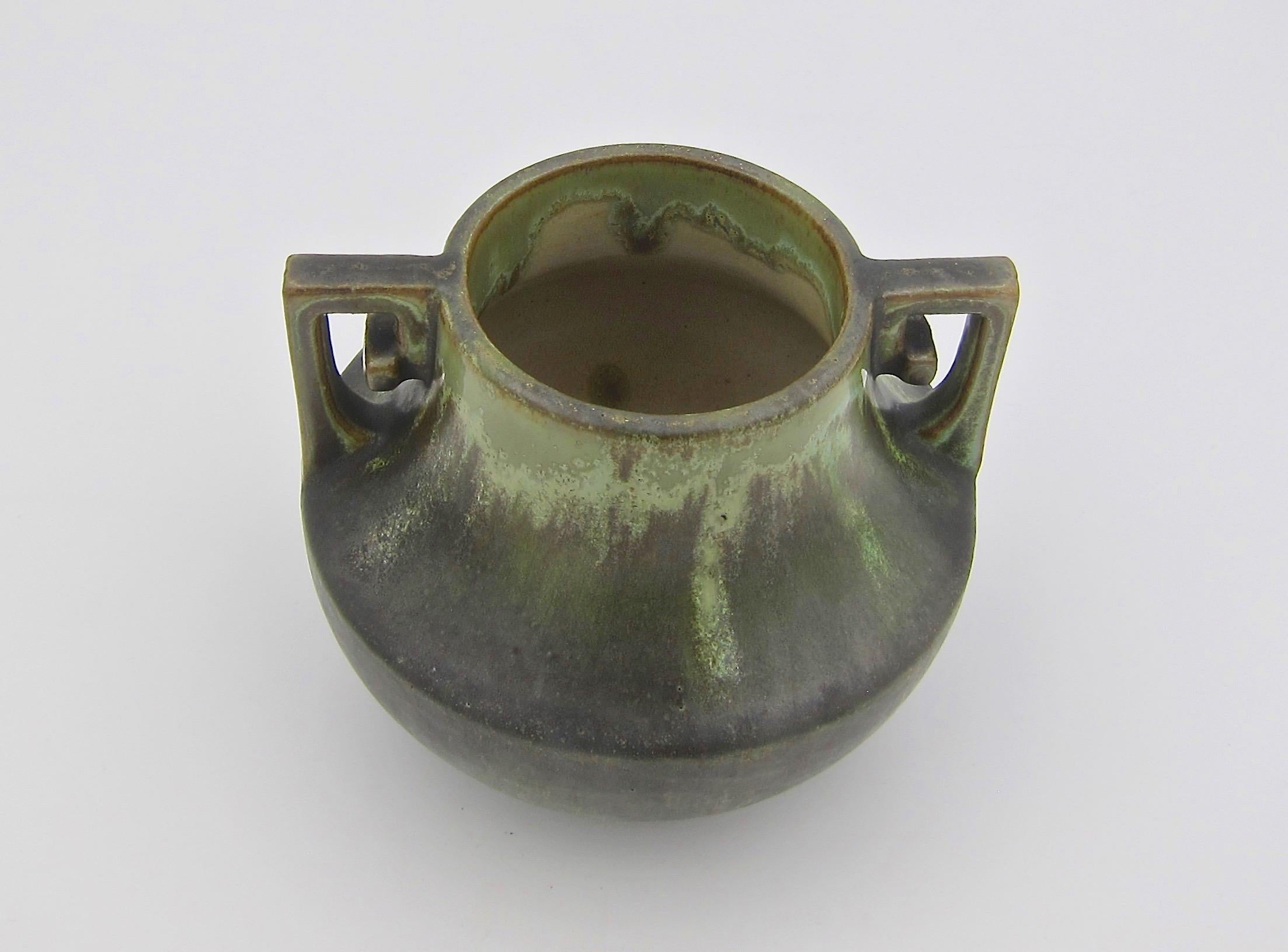 Early Fulper Pottery Vase with a Matte Leopard Skin Glaze and Scrolled Handles 1