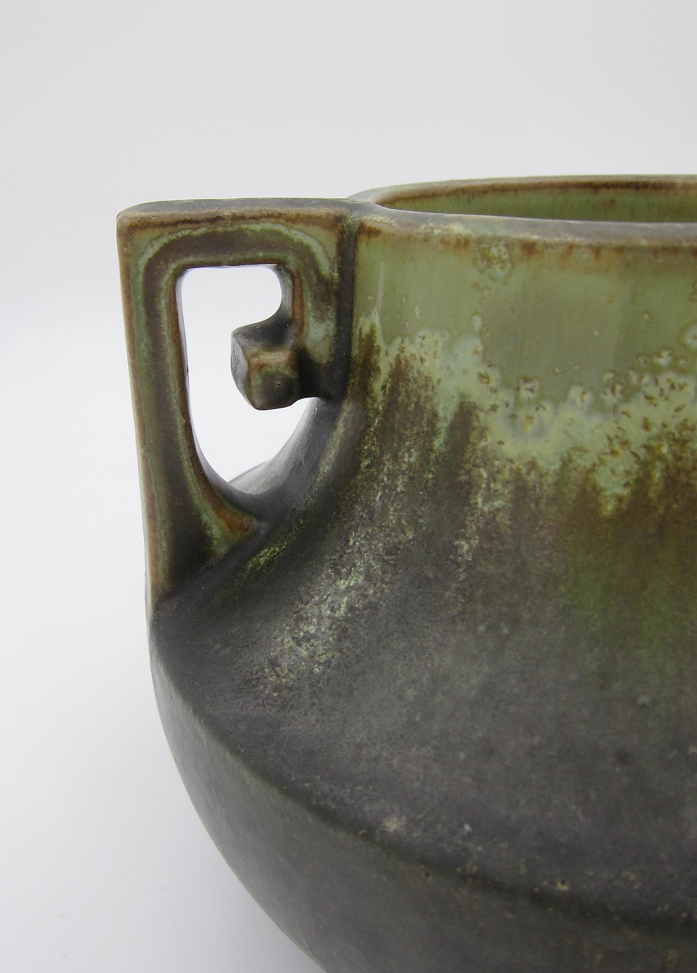 Arts and Crafts Early Fulper Pottery Vase with a Matte Leopard Skin Glaze and Scrolled Handles