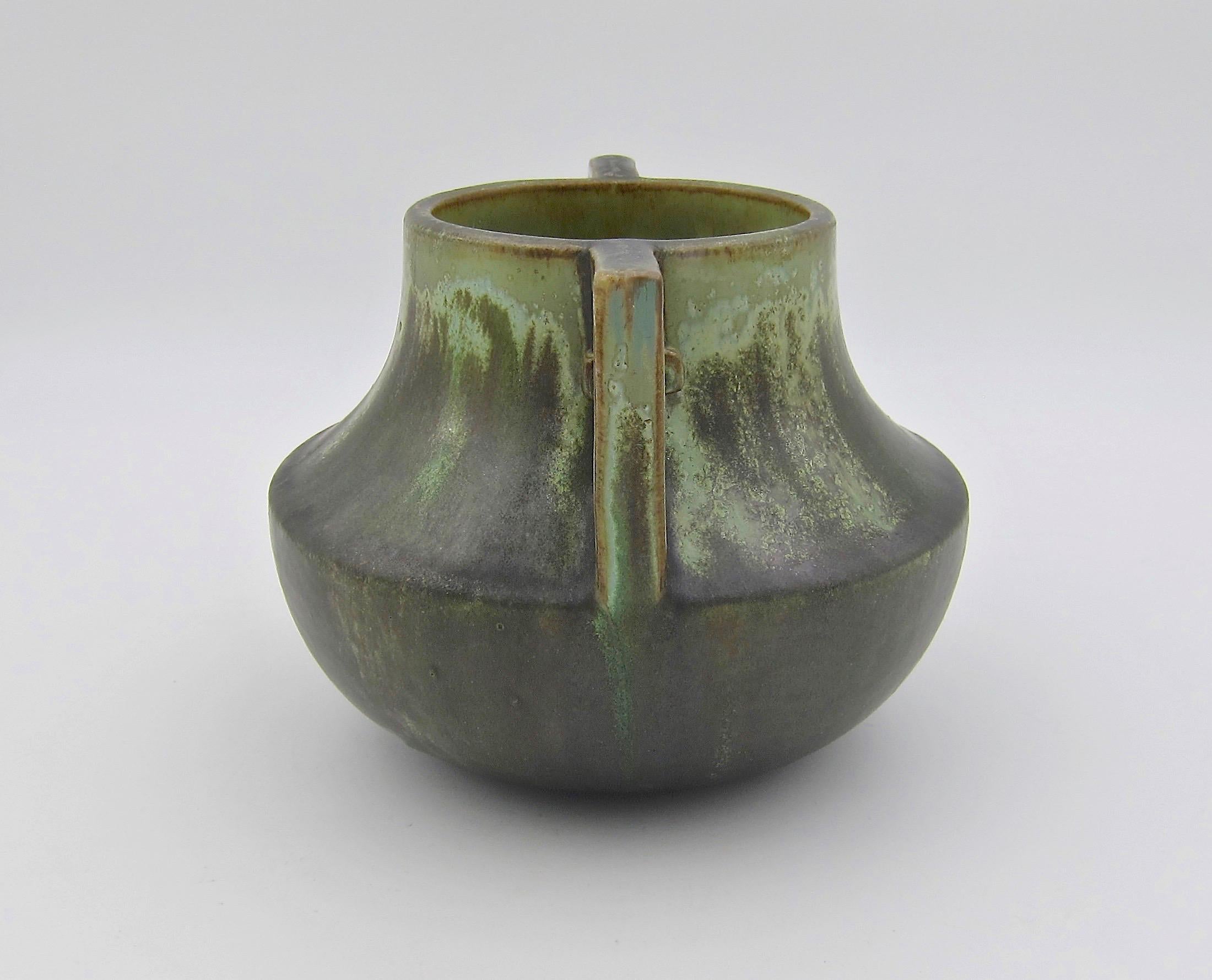 American Early Fulper Pottery Vase with a Matte Leopard Skin Glaze and Scrolled Handles