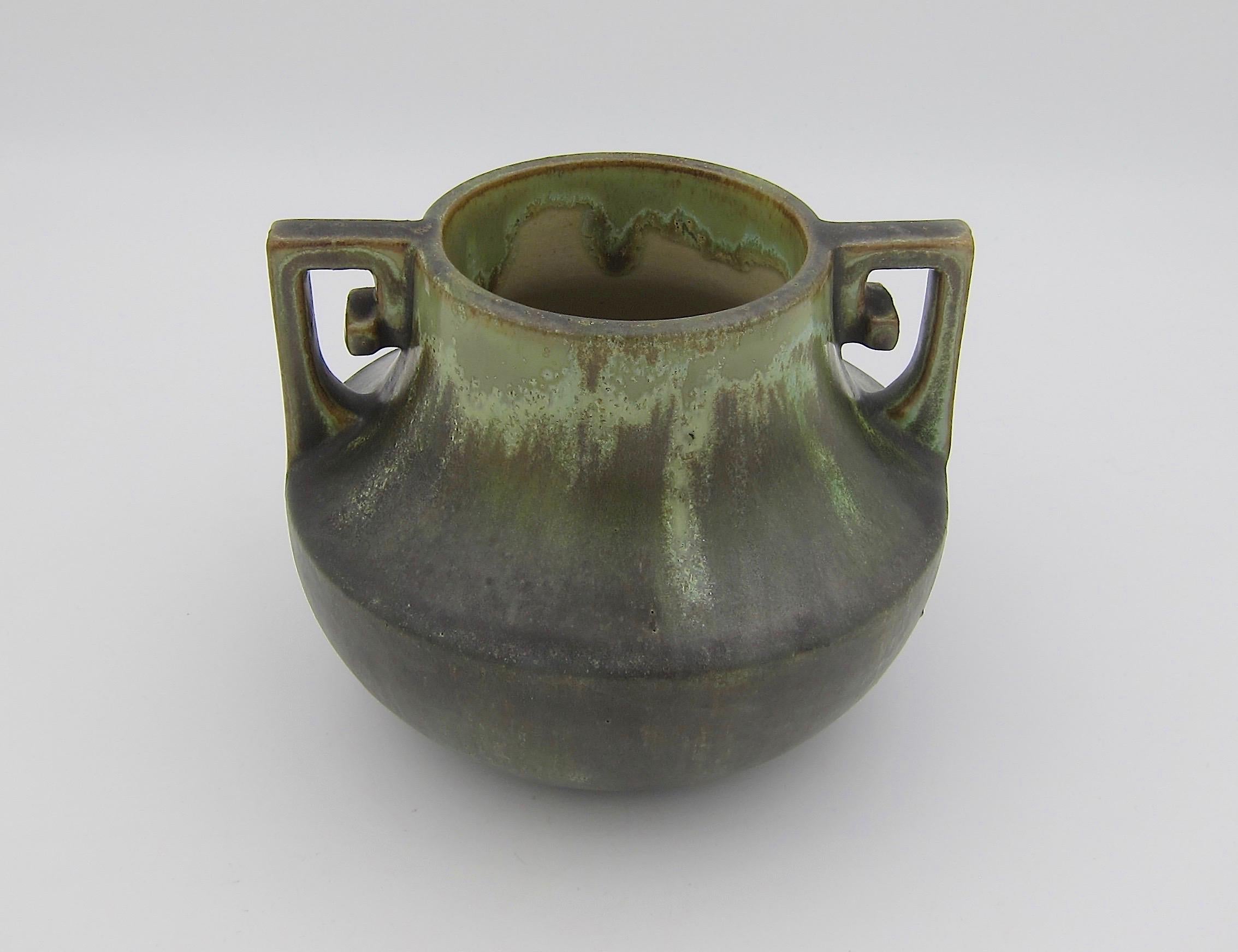 Early Fulper Pottery Vase with a Matte Leopard Skin Glaze and Scrolled Handles In Good Condition In Los Angeles, CA