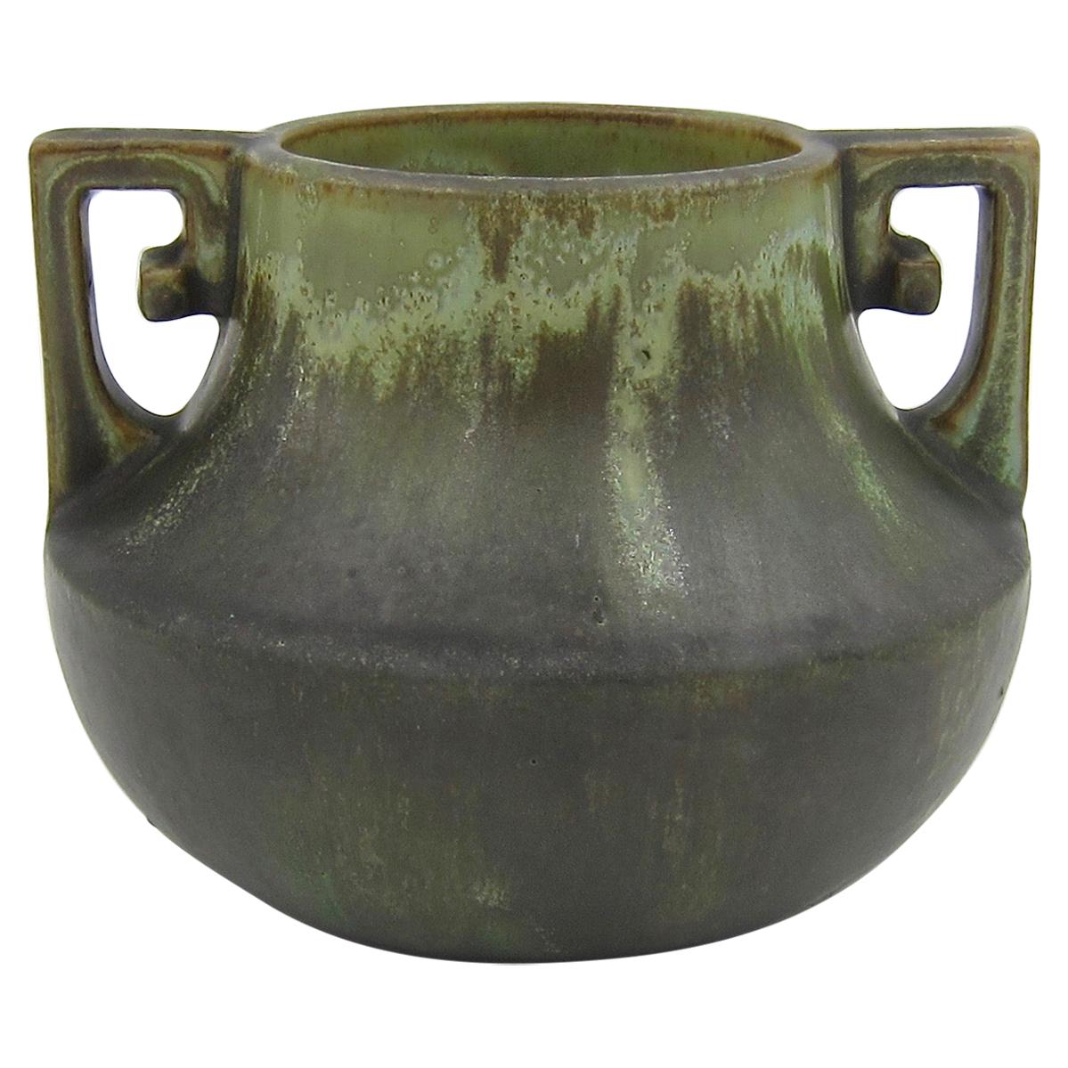 Early Fulper Pottery Vase with a Matte Leopard Skin Glaze and Scrolled Handles