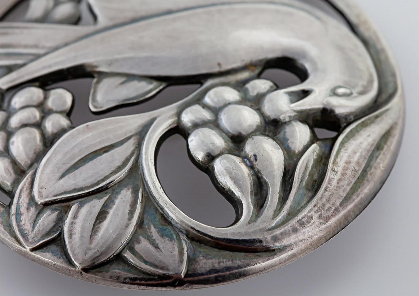 Artisan Early Georg Jensen #53, “Bird with Berries” Sterling Silver Brooch For Sale