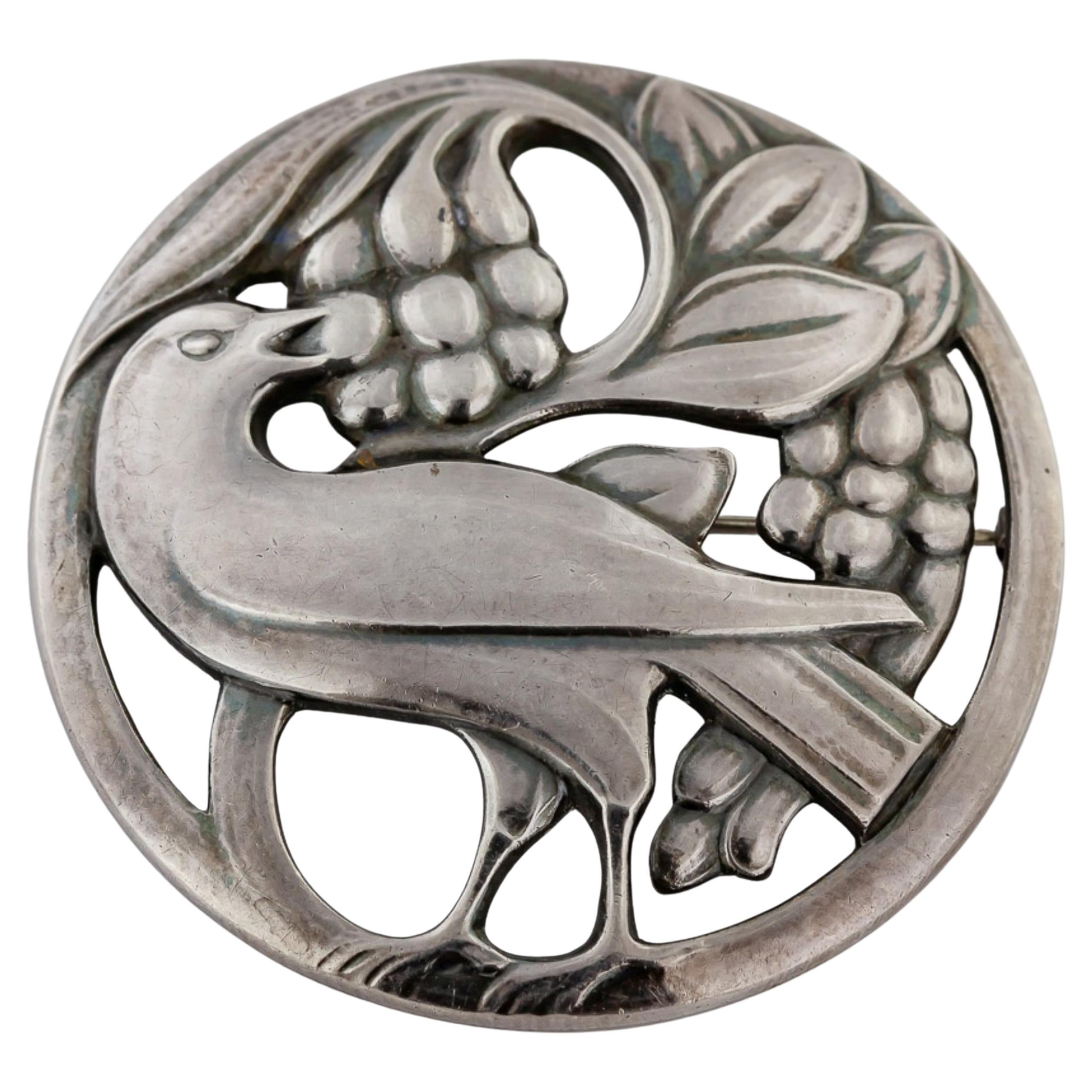 Early Georg Jensen #53, “Bird with Berries” Sterling Silver Brooch For Sale