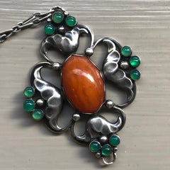 Early Georg Jensen 830 Silver Large Pendant No. 40 with Amber and Chrysoprase