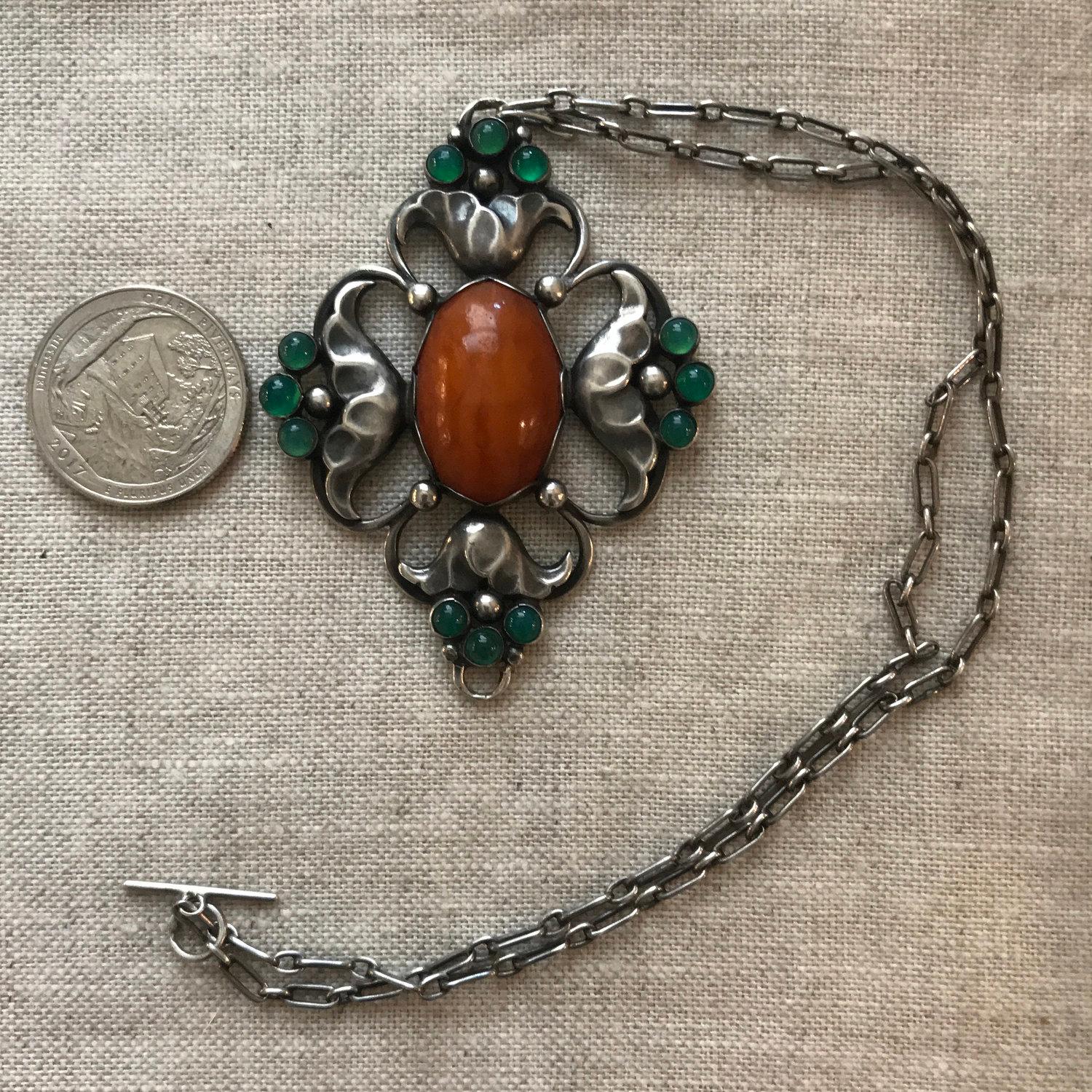 Art Nouveau Early Georg Jensen 830 Silver Large Pendant No. 40 with Amber and Chrysoprase For Sale