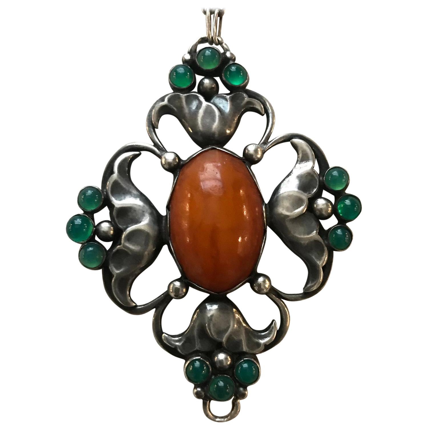 Early Georg Jensen 830 Silver Large Pendant No. 40 with Amber and Chrysoprase For Sale