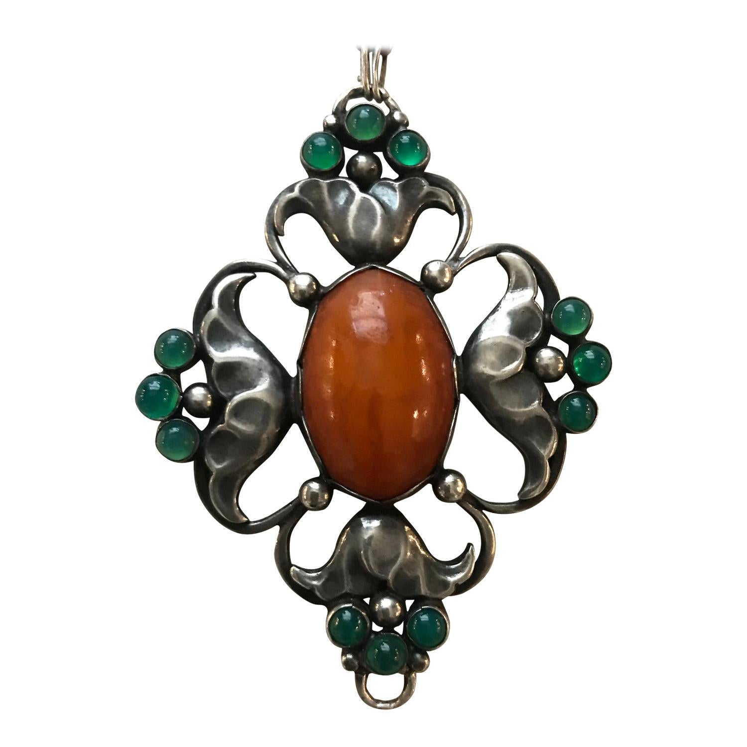 Early Georg Jensen 830 Silver Large Pendant No. 40 with Amber and Chrysoprase For Sale