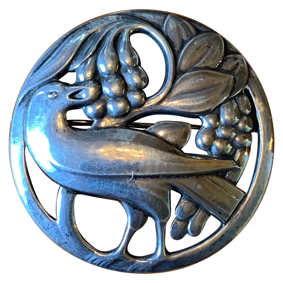 Early Georg Jensen Bird Eating Berries Sterling Brooch Pin 53 Denmark 1933-1944