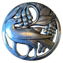 Early Georg Jensen Bird Eating Berries Sterling Brooch Pin 53 Denmark 1933-1944