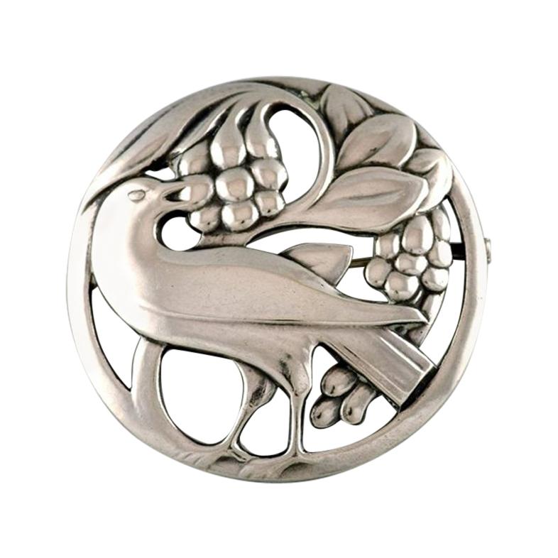 Early Georg Jensen Brooch in Sterling Silver, Bird Motif and Grapes