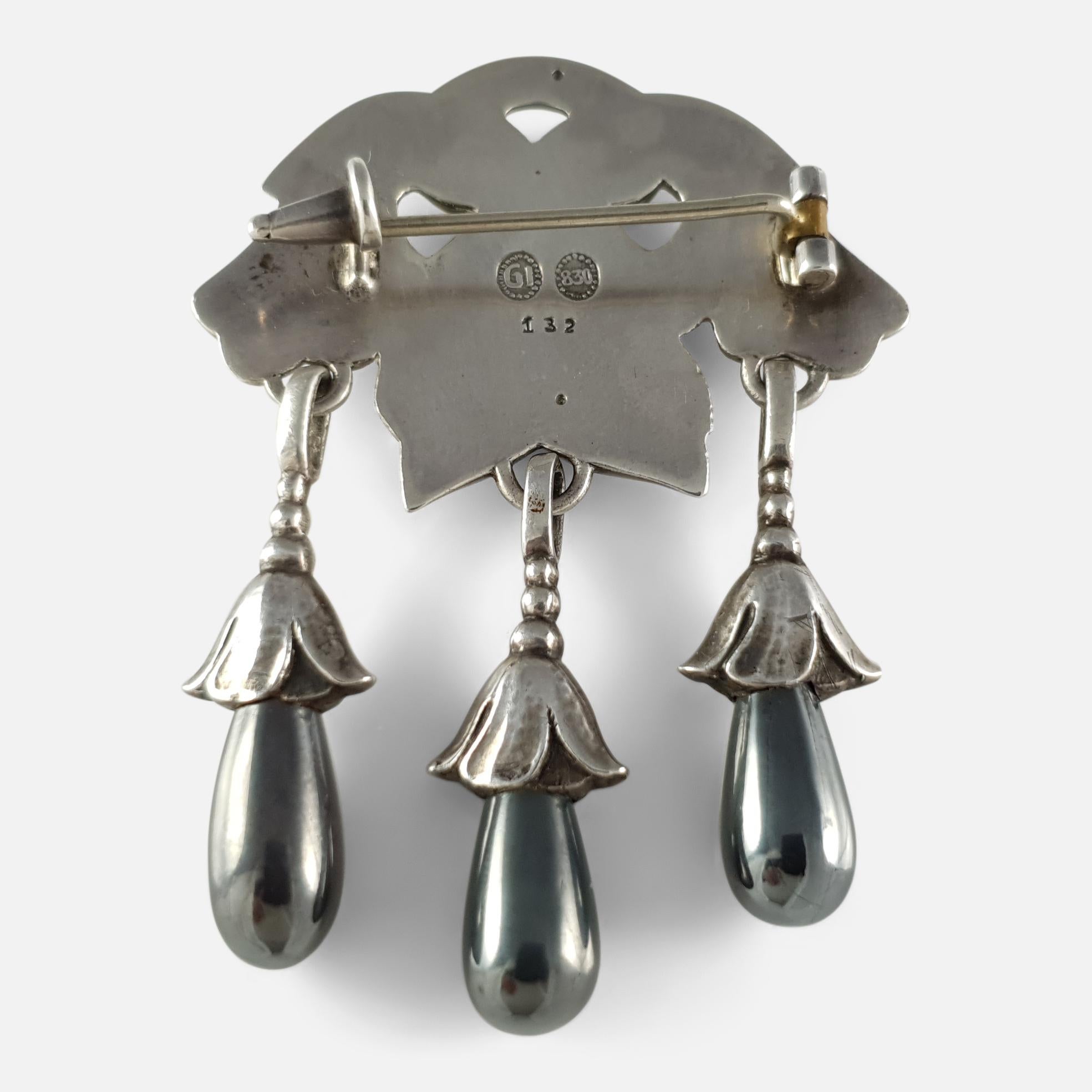Art Deco Georg Jensen Silver and Hematite Drop Brooch, #132, circa 1915-1930 For Sale