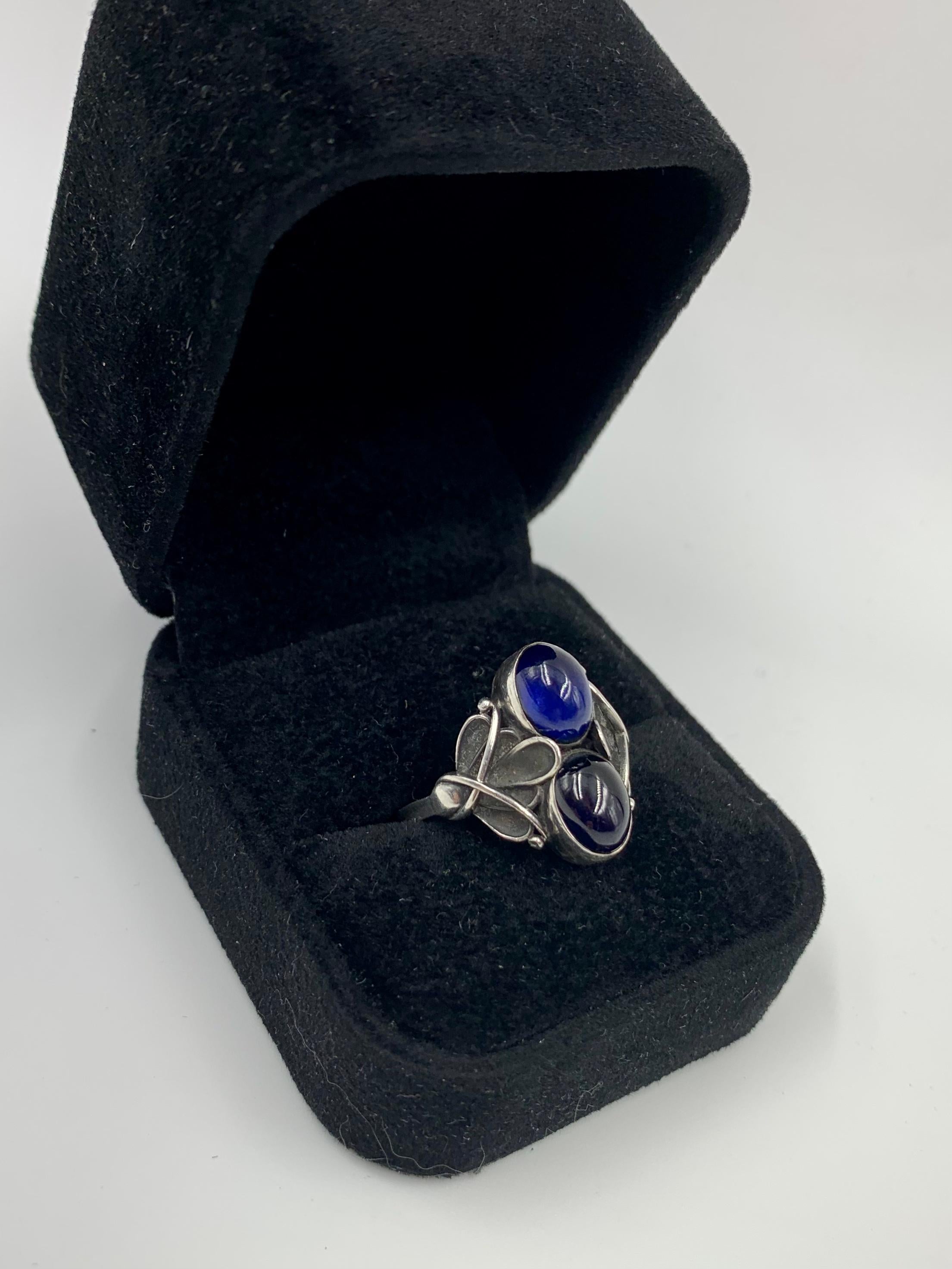 Romantic Early Georg Jensen Moonlight Blossom Cabochon Sapphire Sterling Silver Ring