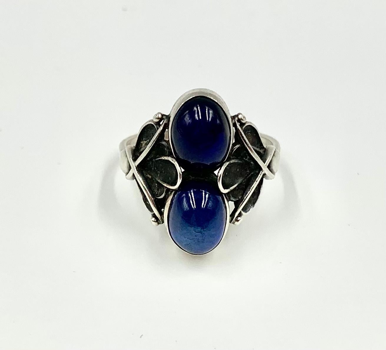 Women's or Men's Early Georg Jensen Moonlight Blossom Cabochon Sapphire Sterling Silver Ring