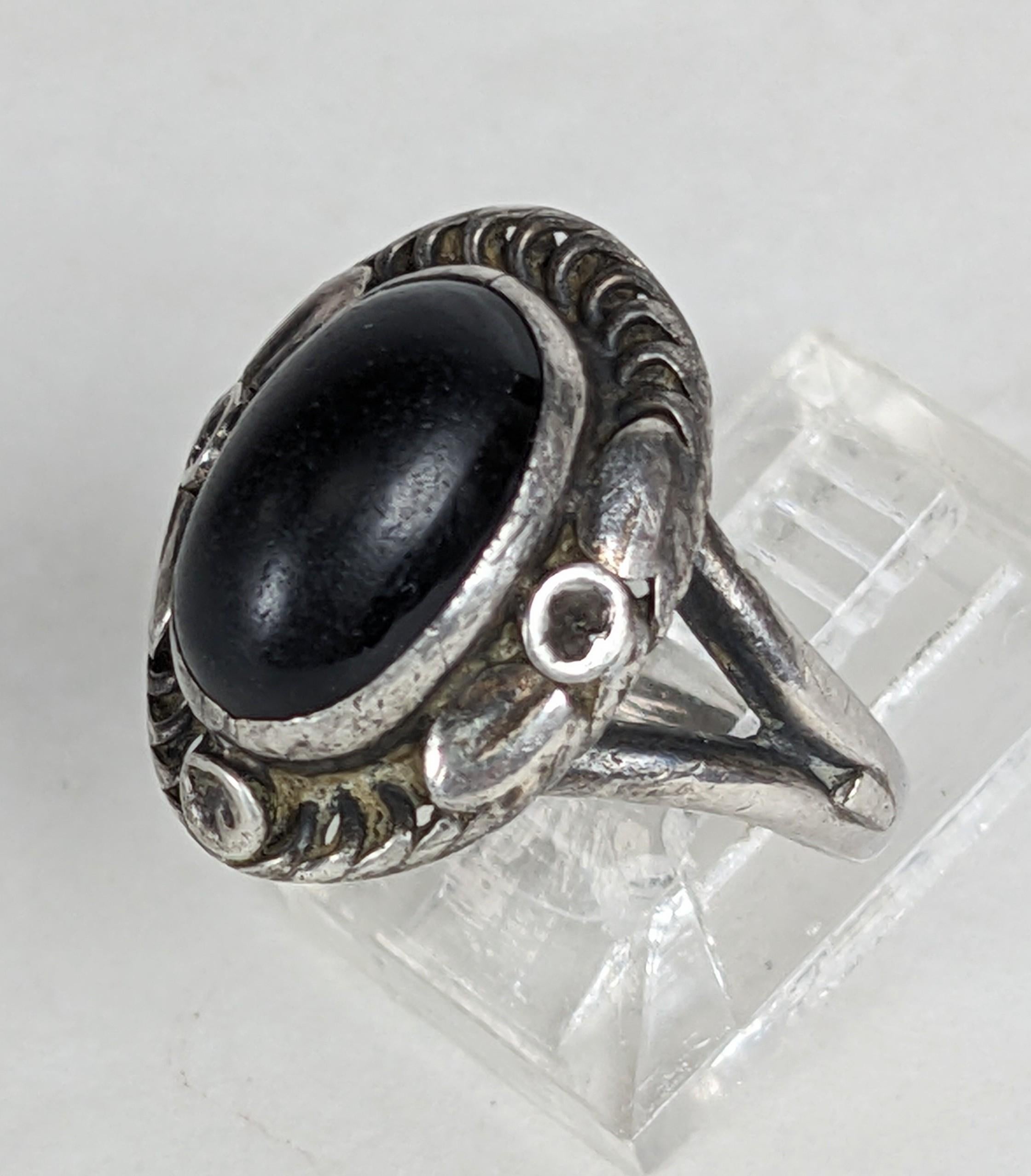 Art Nouveau Early Georg Jensen Onyx Cabochon Ring, Moonlight Blossom, No.1 in vendita