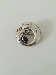 Early Georg Jensen Silver Brooch with Fish Motif and Moonstone #10