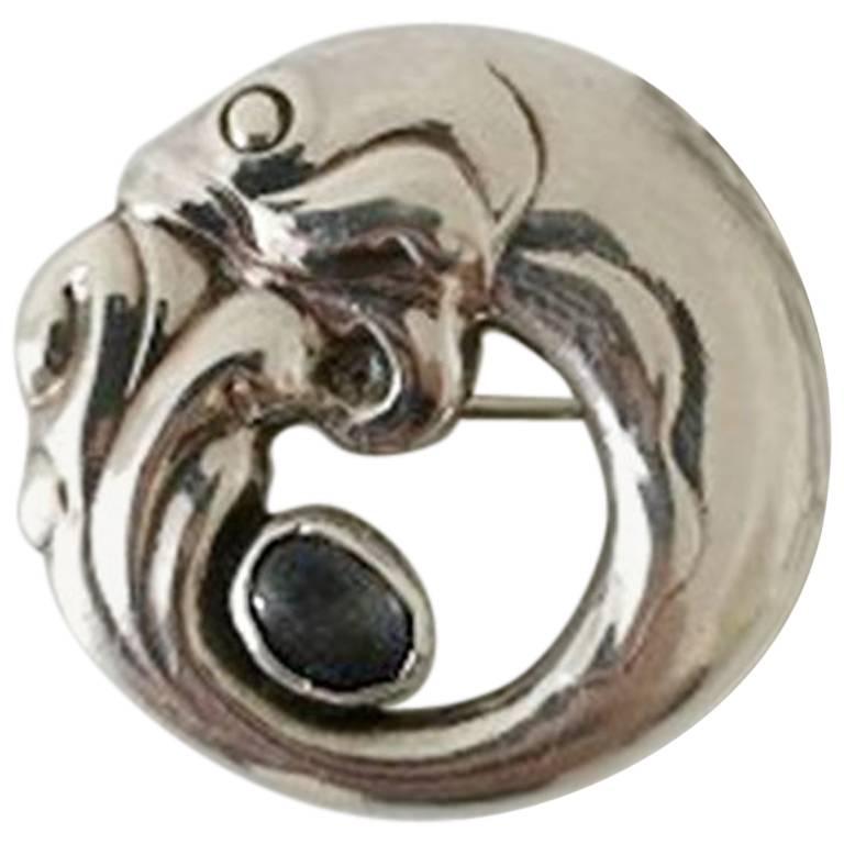 Early Georg Jensen Silver Brooch with Fish Motif and Moonstone #10