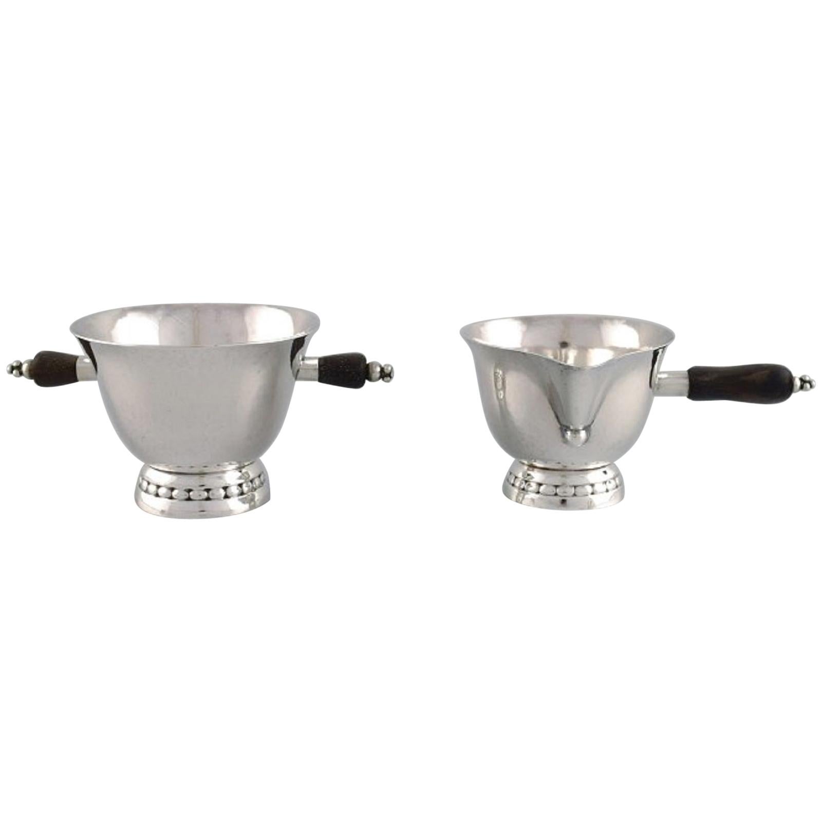 Early Georg Jensen Sugar or Cream Set in Sterling Silver with Handles in Ebony For Sale