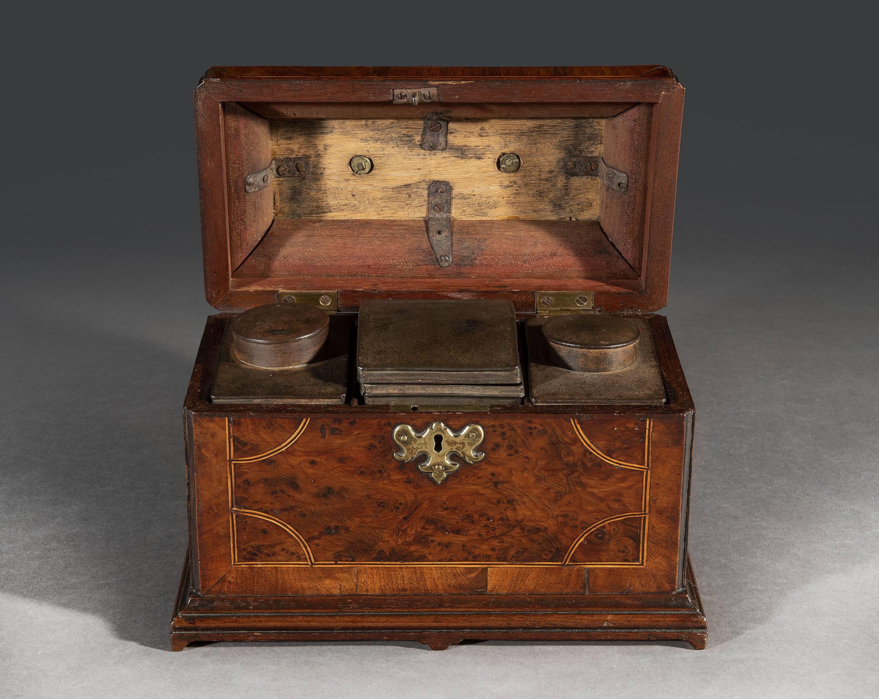 English Early George II Period Early 18th Century Walnut Inlaid Tea Chest