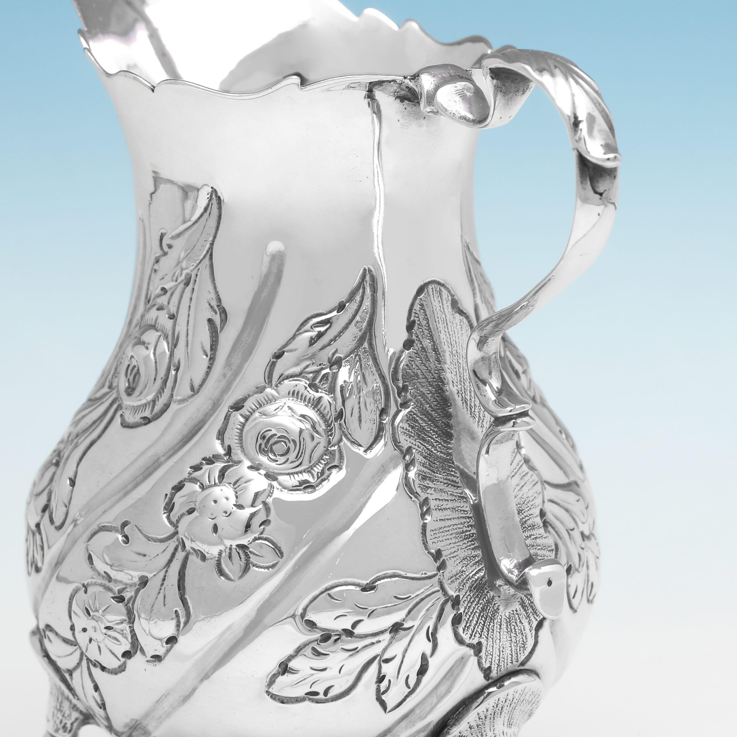 Mid-18th Century Early George III period antique sterling silver cream jug made in London in 1763 For Sale