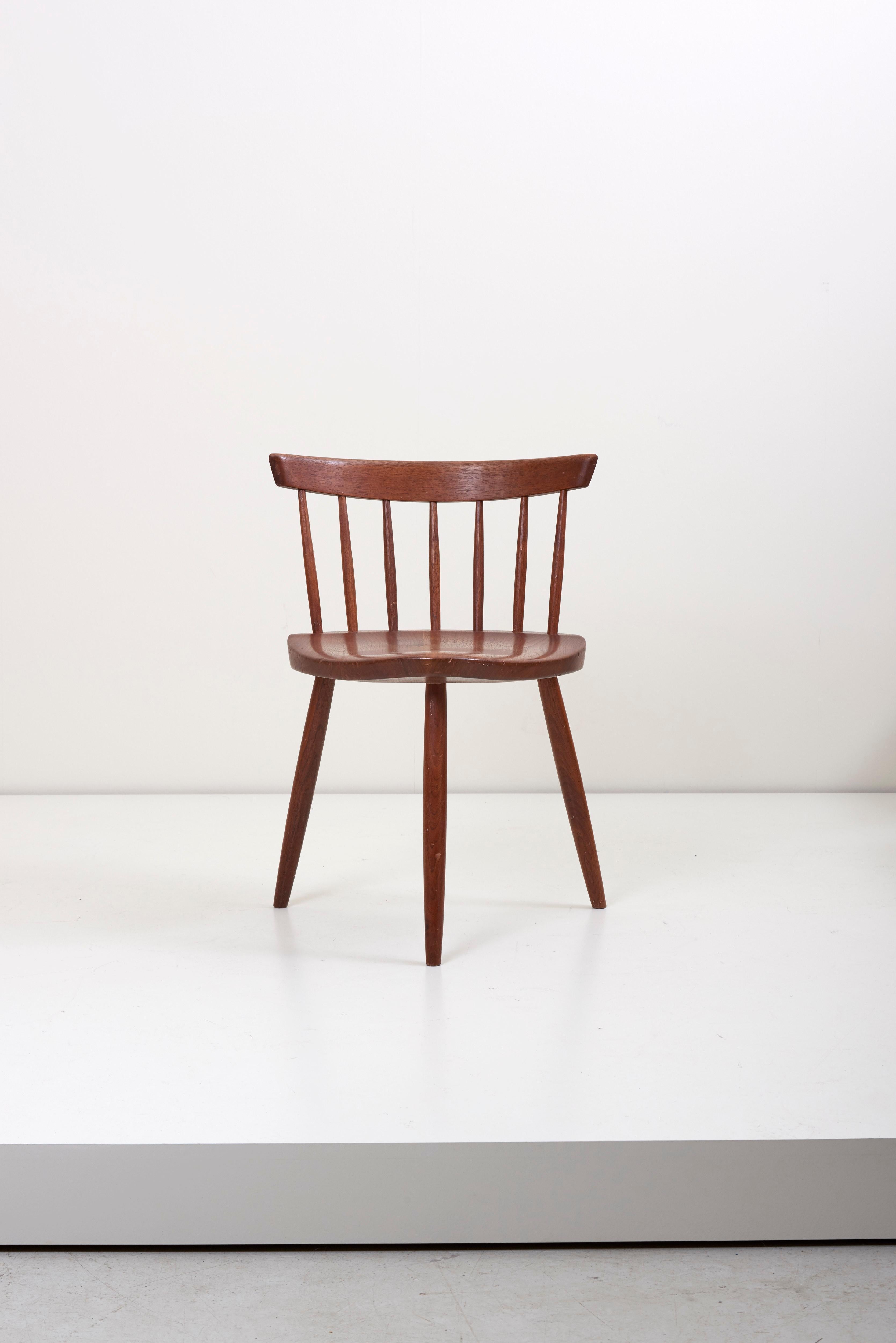 Early vintage version of the Mira chair. The chair shows wear of age at the sides which makes it even more beautiful. The bottom of the seat still shows lines and is marked with Showroom.

Here is a statement from Mira Nakashima about this