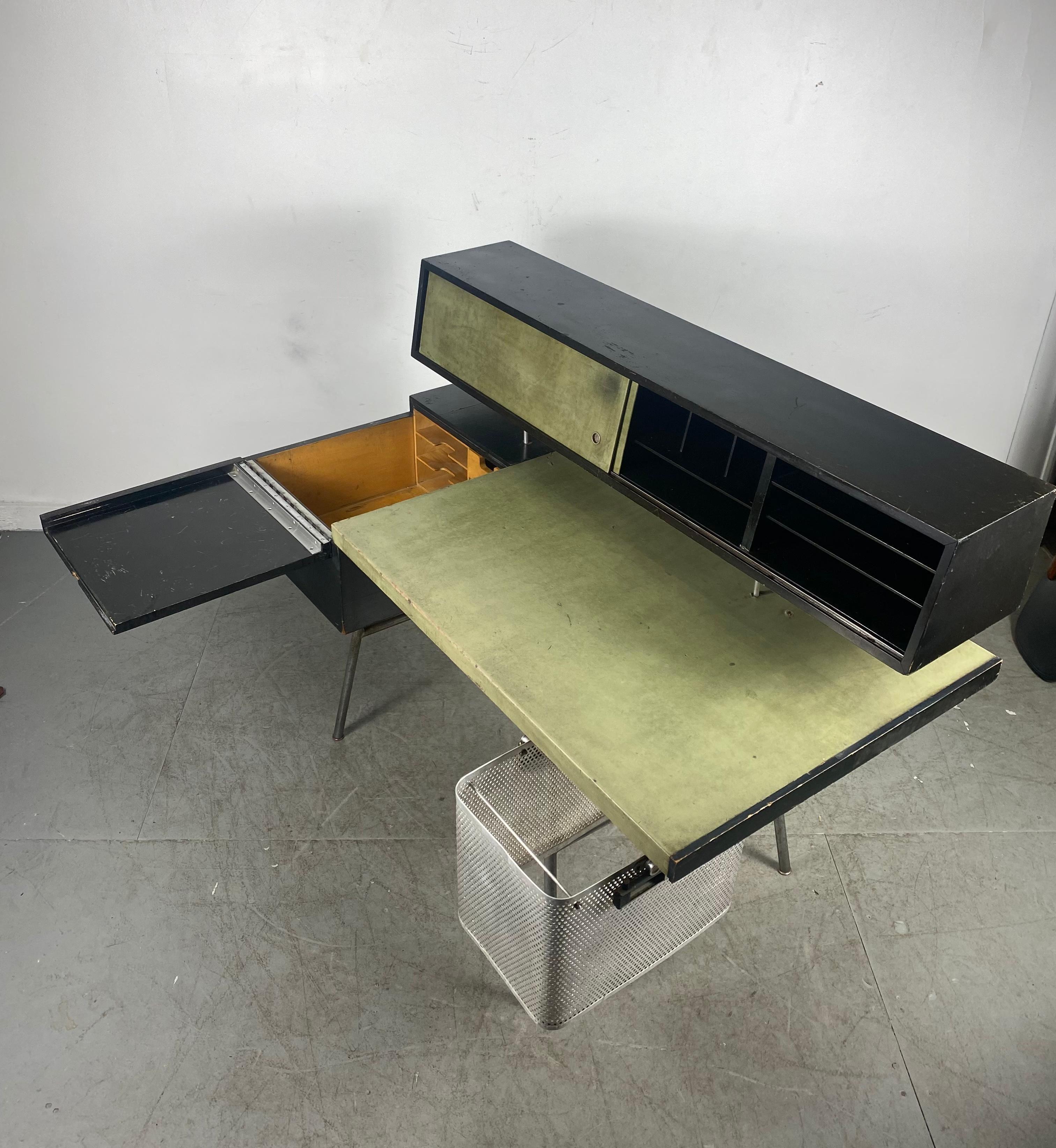 Mid-Century Modern Early George Nelson for H. Miller Desk '4658', Rare Black Lacquer /Green Leather