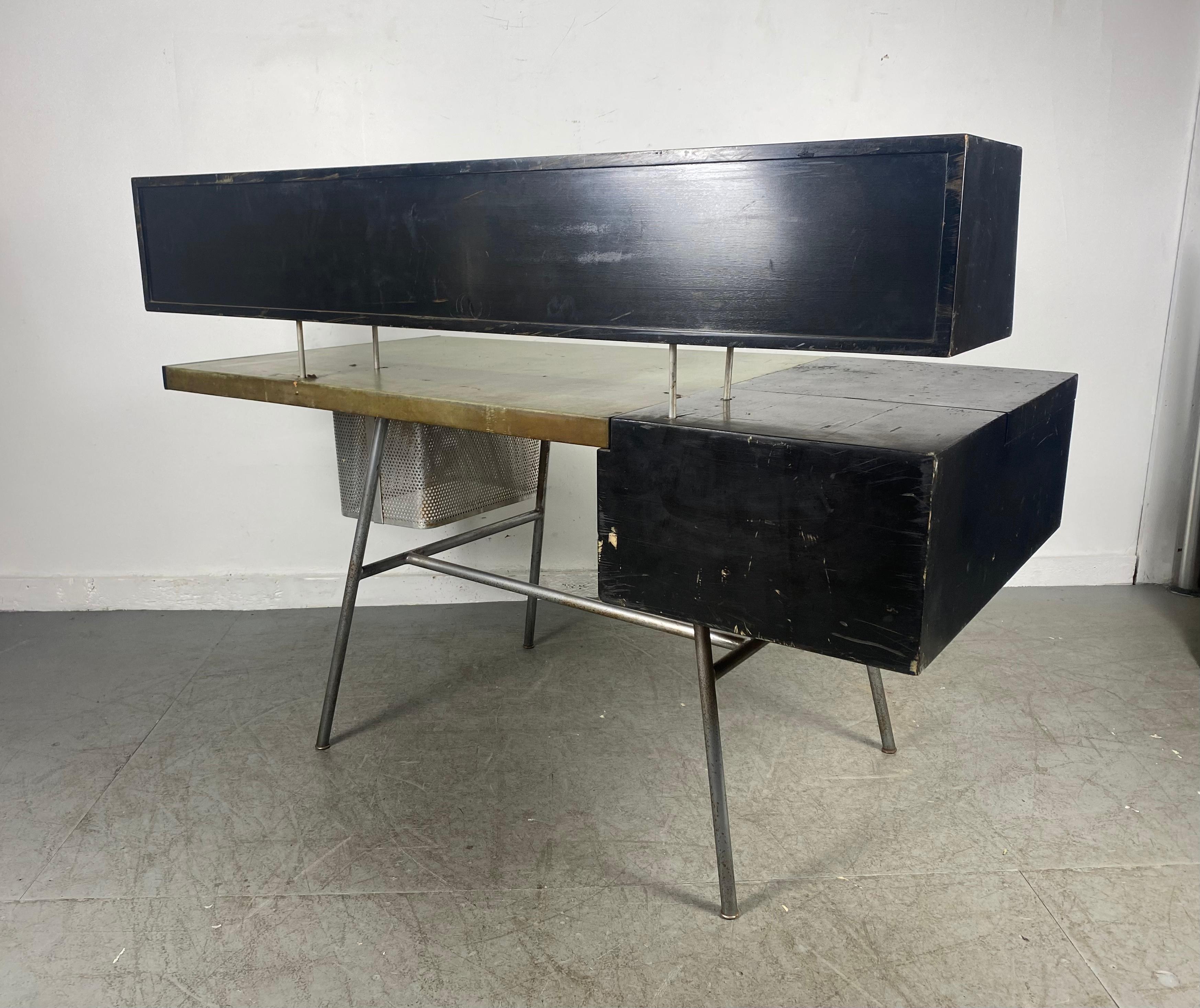 American Early George Nelson for H. Miller Desk '4658', Rare Black Lacquer /Green Leather