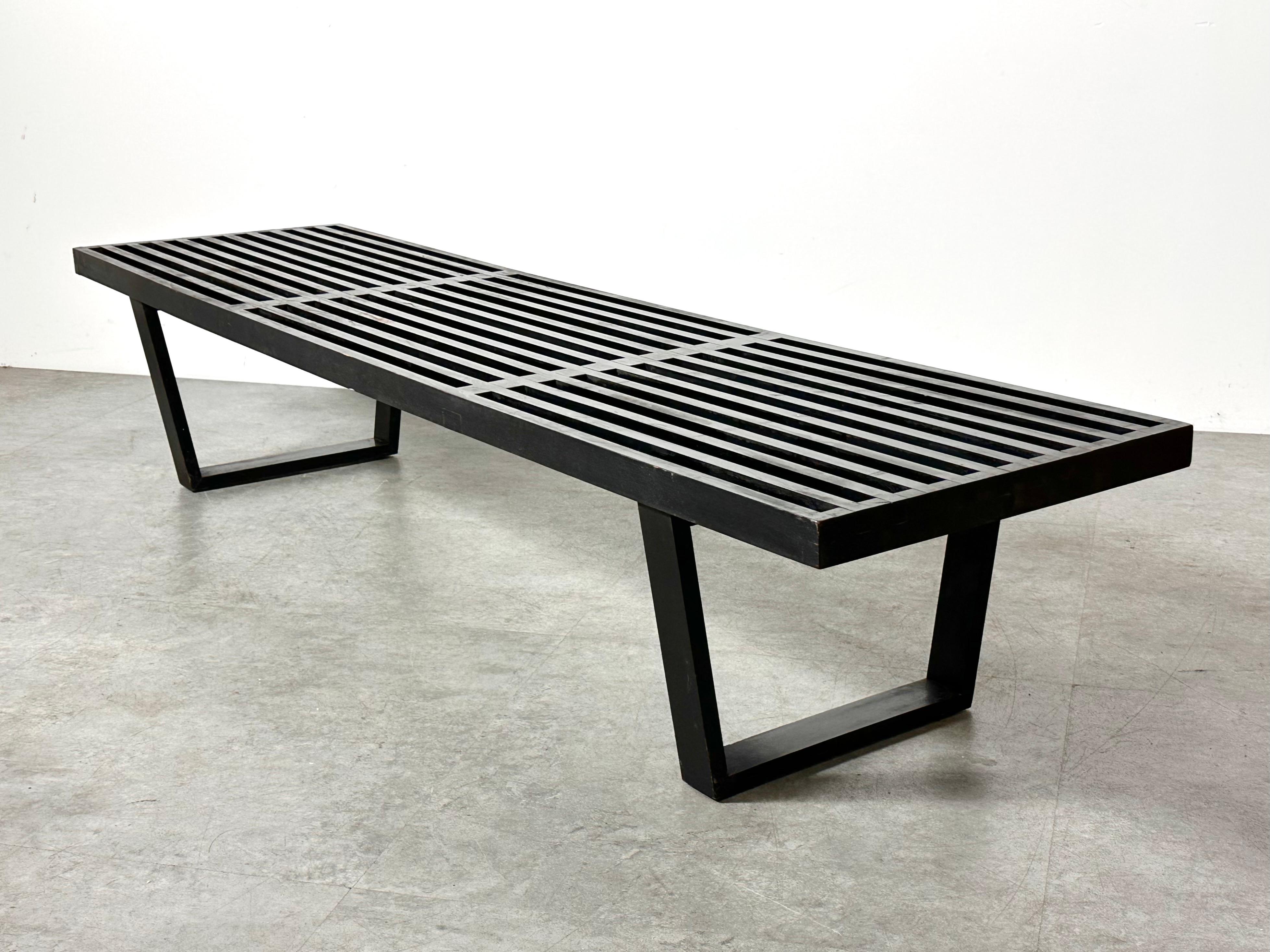 Vintage early production slat platform bench or coffee table designed by George Nelson for Herman Miller in 1945
Original black finish with preserved paper label intact to underside

A great example of this iconic design circa late 1940s to early